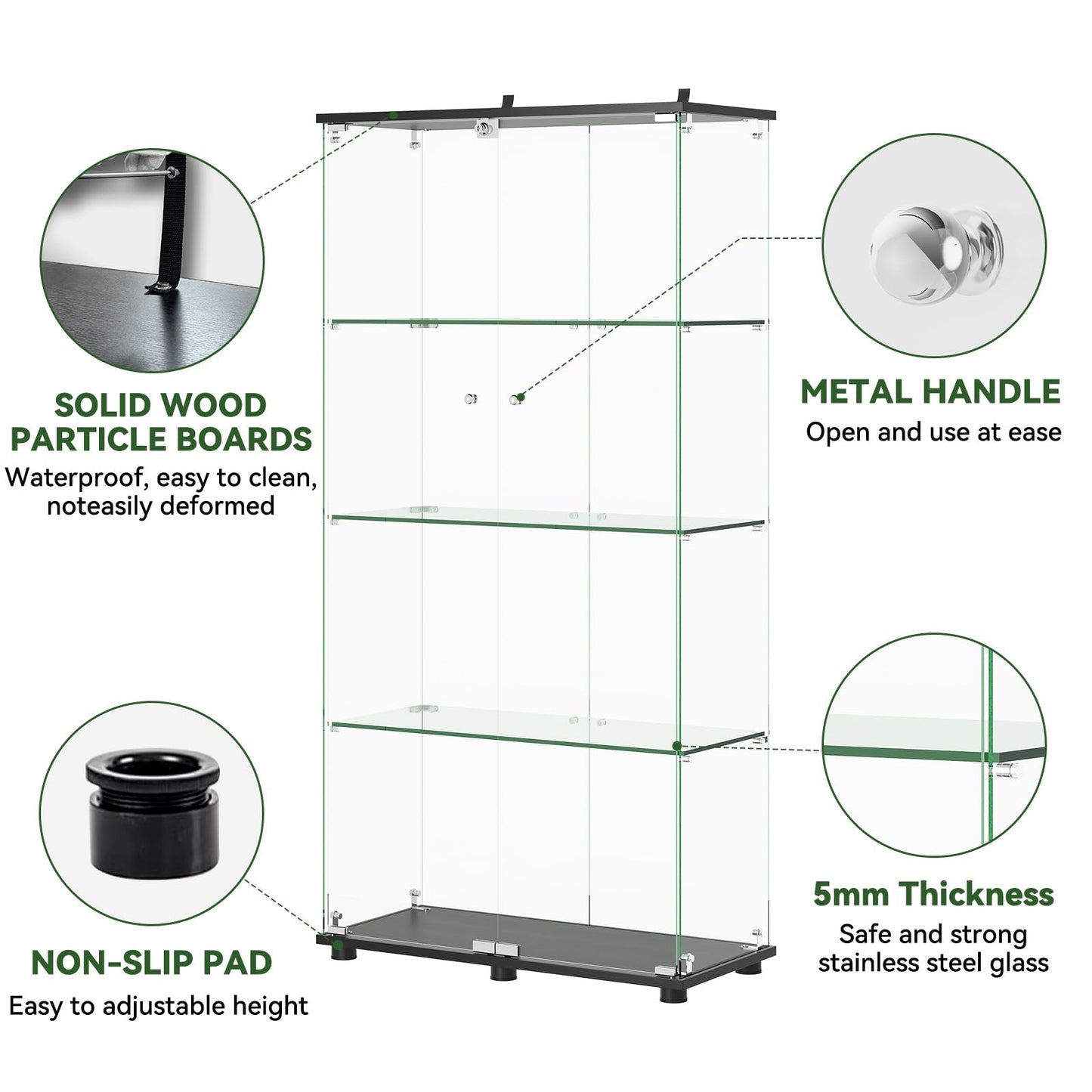 Ball & Cast Glass Display Cabinet with Double Door and Lock,4 Tier Curio Cabinet 5mm Tempered Glass Floor Standing Bookshelf for Living Room,Office,Easy Assembly,Black