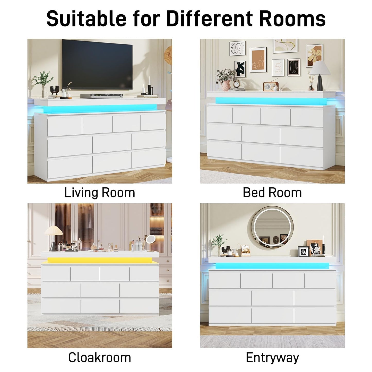 10 Drawer Dresser for Bedroom, 63“ Wide 34” Tall Drawer Organizer Cabinet with LED Light and Charge Station, Modern Chest of Drawers for Closet, Living Room, Entryway, Hallway (White, 10 Drawers)