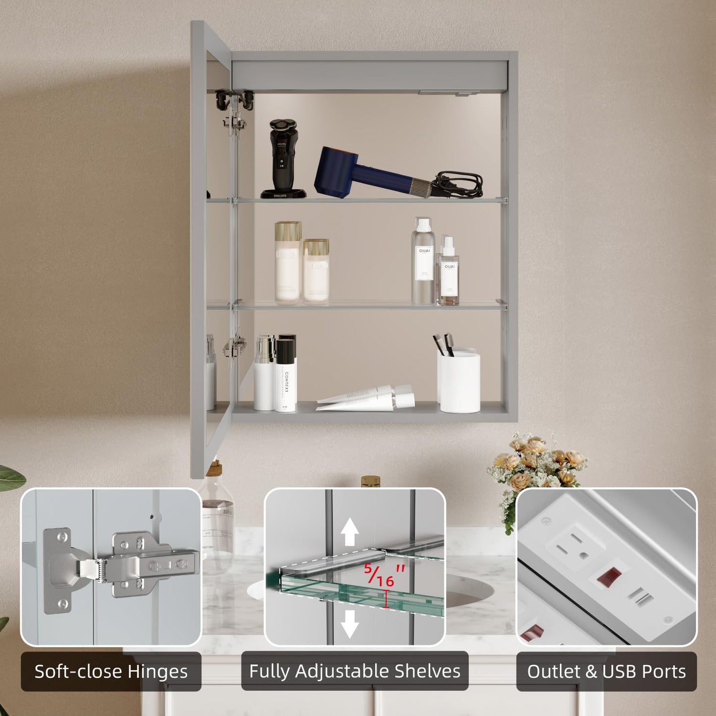 Buruis 24'' x 30'' Medicine Cabinet with Lights and Mirrors, Recessed or Wall Mounted Modern Bathroom Cabinet with 3-Mode Light, Anti-Fog, Dimmable, Memory Function, Outlet, Silver