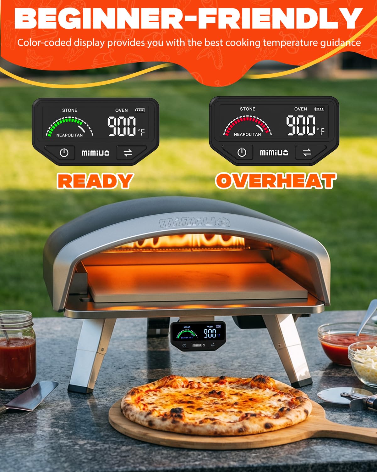 Mimiuo 16 Inch Gas Pizza Oven Outdoor Propane, Portable Pizza Maker with Digital Thermometer and Color-Coded Guide for Beginners, 3 Cooking Modes (Classic/Neapolitan/Custom), 900℉