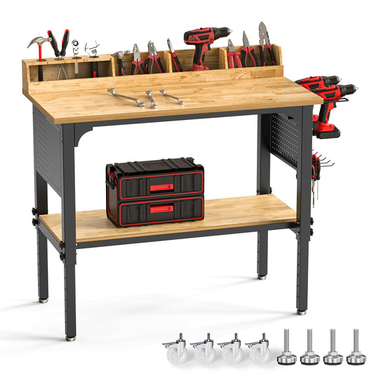 Workbench Adjustable Height Heavy Duty Work Bench with Storage, 2200 LBS Load Capacity Work Table, Pegboard, Built-in Power Outlet, Lockable Wheels for Garage, Workshop, Warehouse & Home