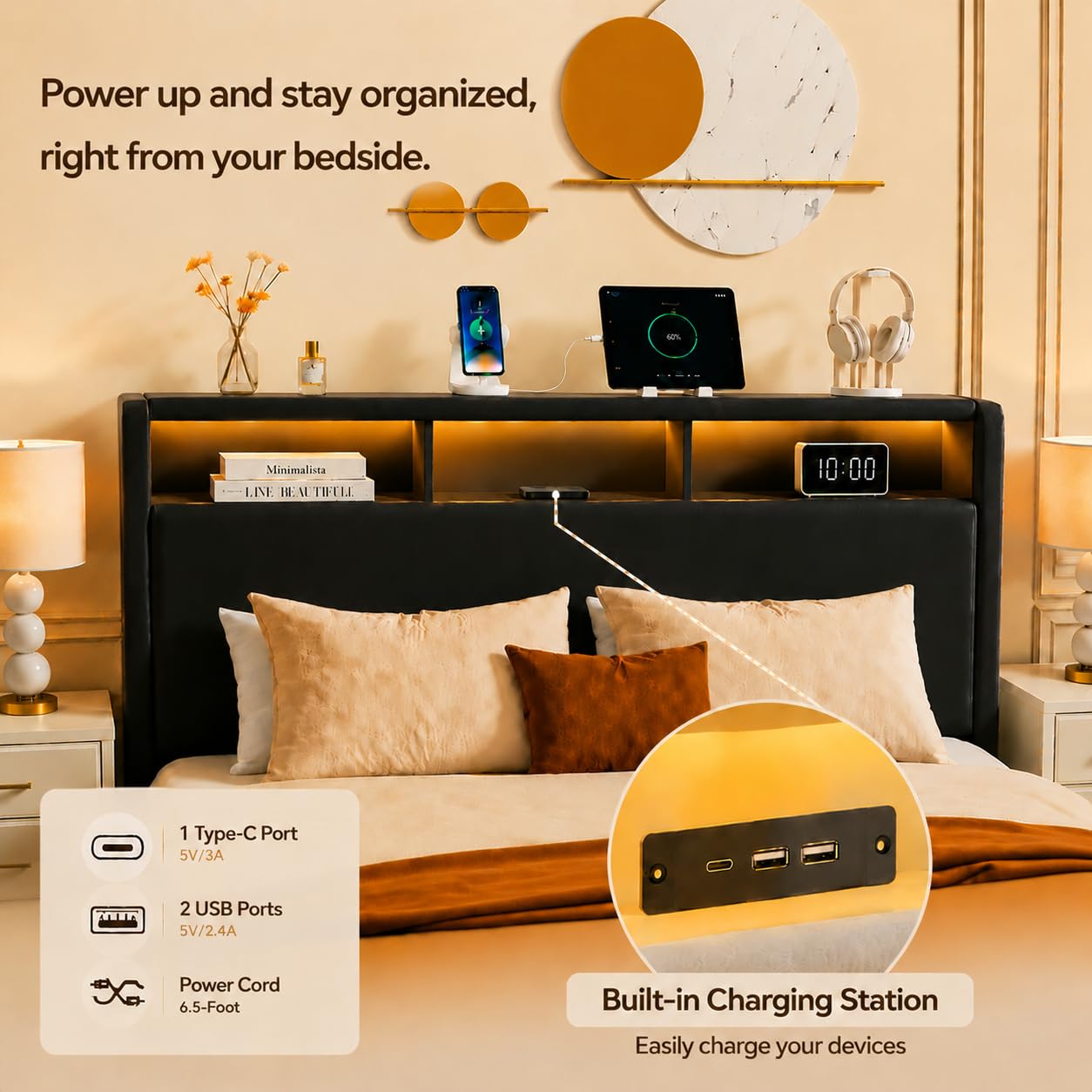 KEIKI Queen Size Upholstered Platform Bed Frame with Storage Headboard and Drawers, LED Bed Frame with Charging Station, Corduroy Mattress Foundation with Silent Slats, No Box Spring Needed
