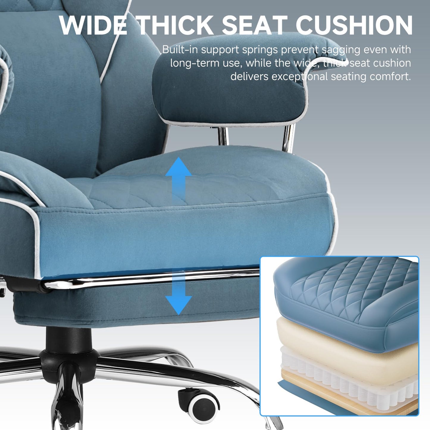GTPLAYER Gaming Chair,Office Chair with Pocket Spring Lumbar Support, Ergonomic Comfortable Wide Office Desk Computer Chair with Outward Fixed Soft Armrests and Footrest (Fabric, Blue)