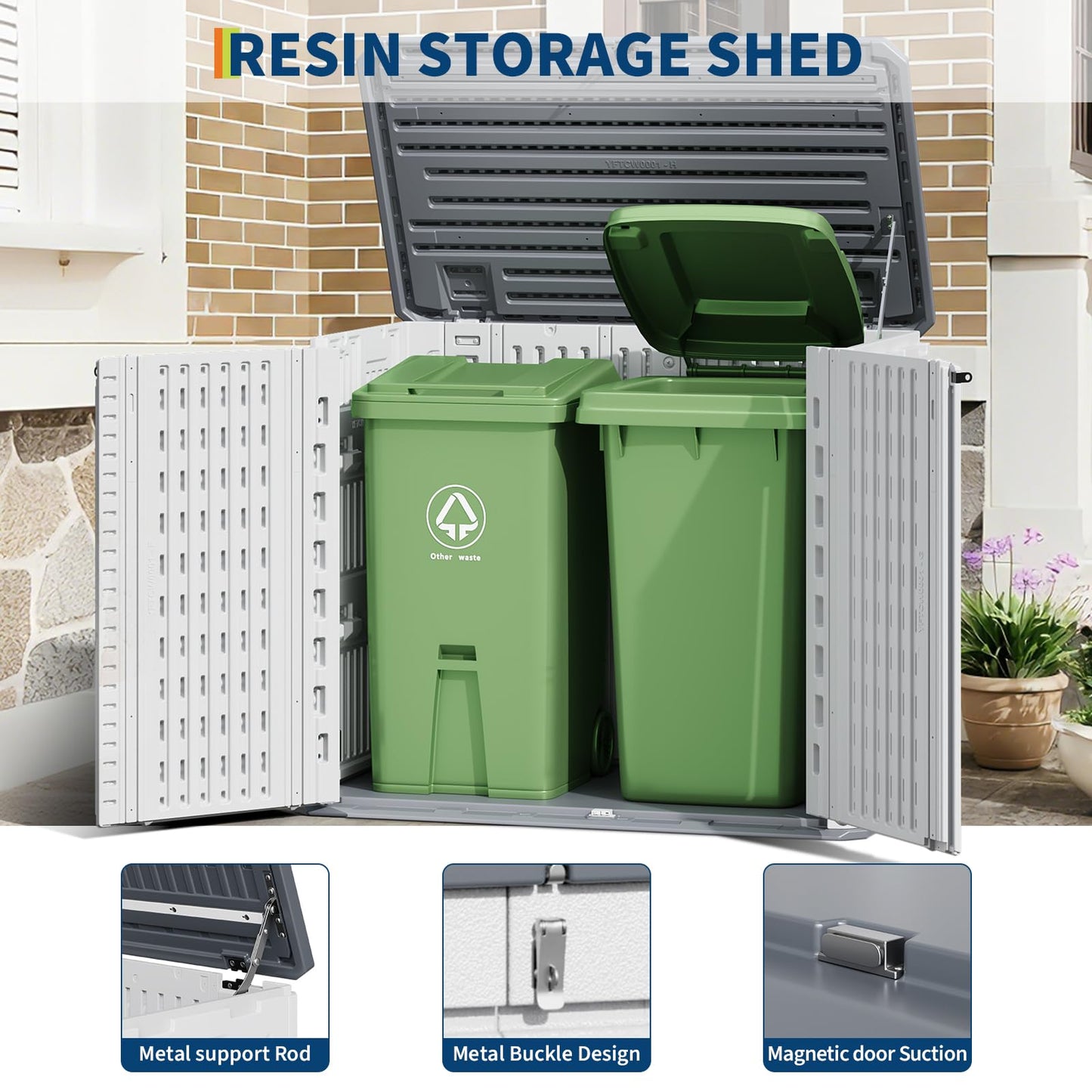 35Cu ft Outdoor Resin Storage Cabinet, Outdoor Trash Can Storage Waterproof, Outdoor Resin Storage Box for Patio Tools, Sofa Cushion, Lawn Mower and Garbage Cans