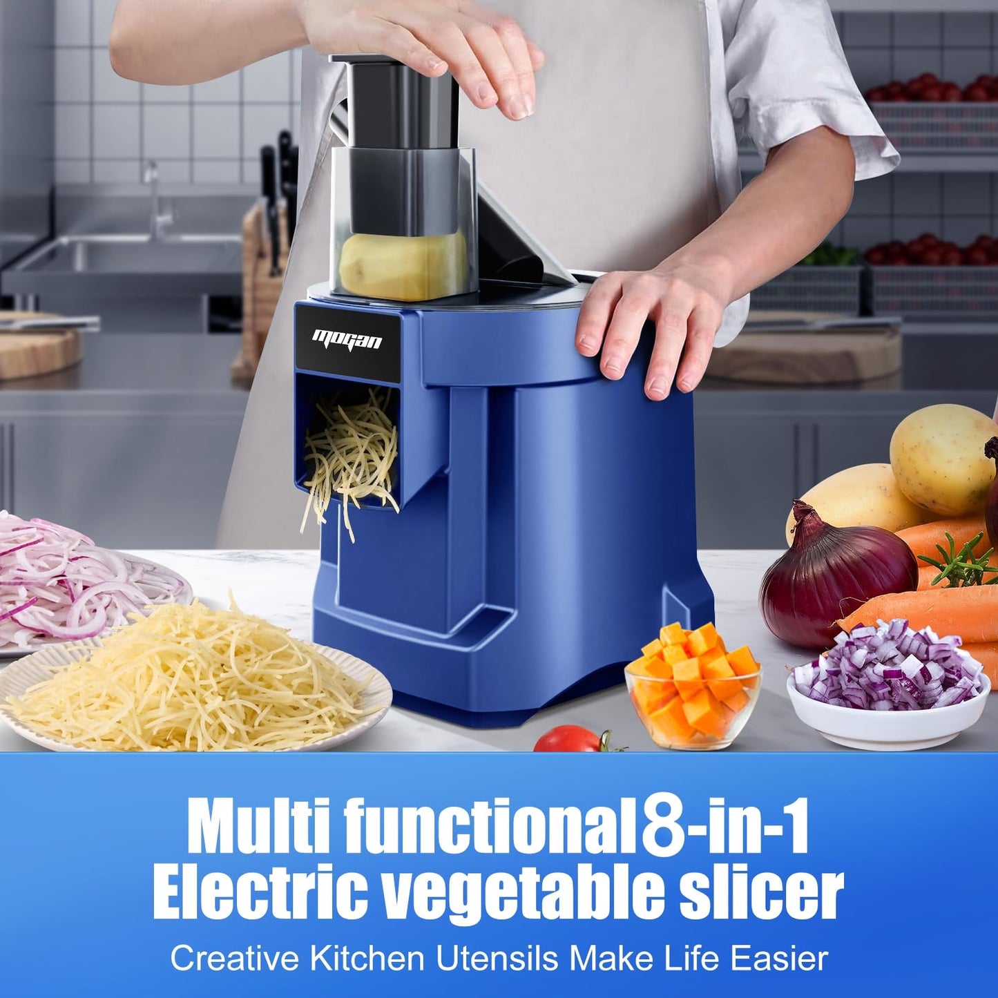 MOGAN 8-In-1 Electric Vegetable Cutter, Commercial Vegetable Slicer Fruit Slicer Machine, Veggie Food Processor Dicer Chopper Stainless Steel Blades for Slicing Shredder Dicing for Home and Kitchen