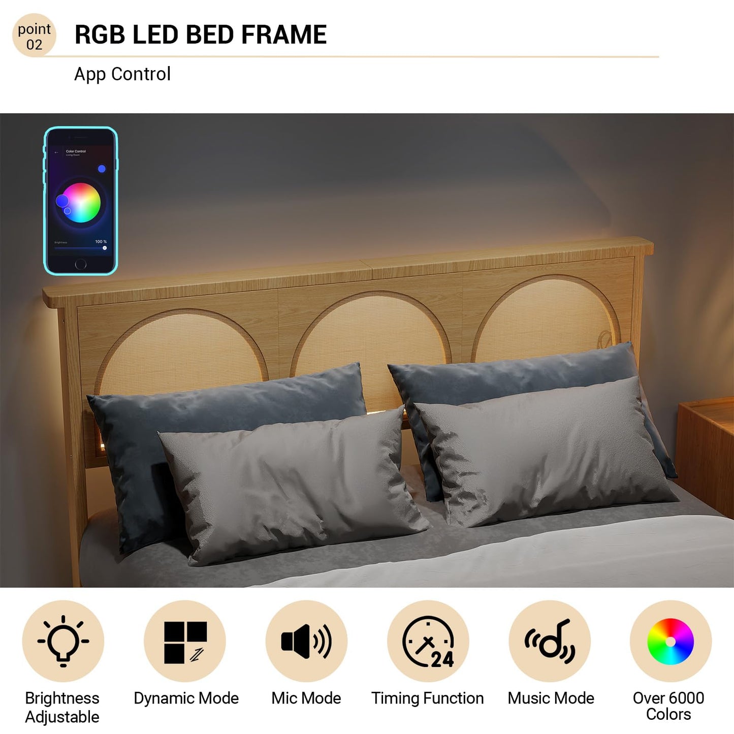 GarveeLife Rattan Bed Frame with Headboard, Wooden Platform Bed Frame Queen Size with Smart RGB LED Storage Headboard, Boho Wood Bed Frame No Box Spring Needed, Under Bed Storage, Easy Assembly