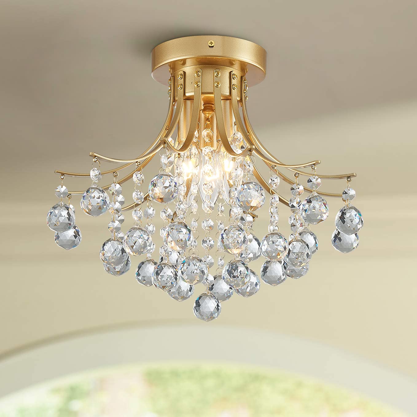Bestier Modern Gold Crystal Semi-Flush Mount Chandelier, 3 E12 Bulbs, D13.5in x H11.6in, Ideal for Dining Room, Bathroom, Bedroom, Living Room