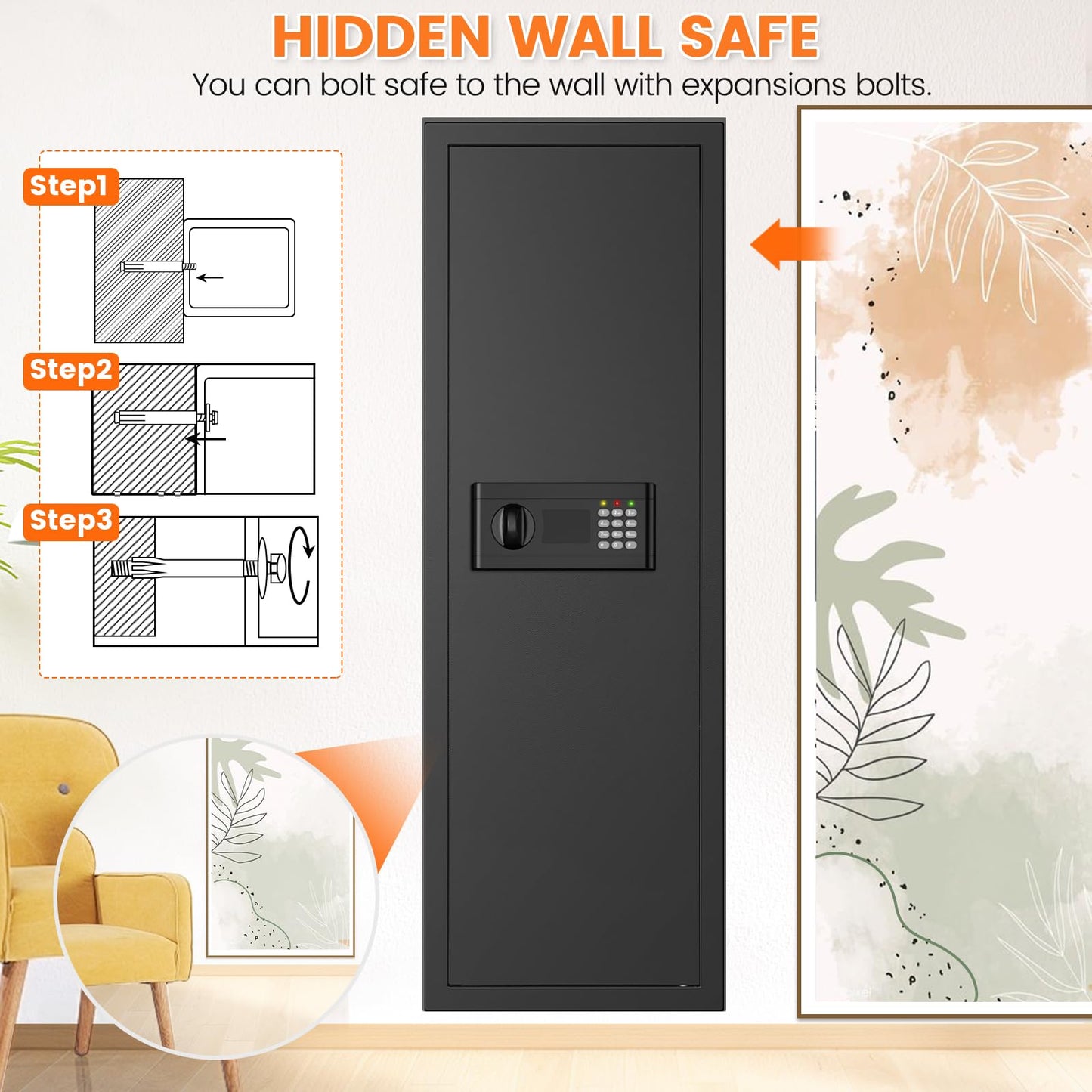 47.3" Tall Fireproof Wall Safes Between the Studs 16" Centers, Large Hidden Flush Wall Safe with 4 Removable Shelf & 6 Key Hooks, 48LB Heavy Duty In Wall Safe for Home, Money, Jewelry, Valuables
