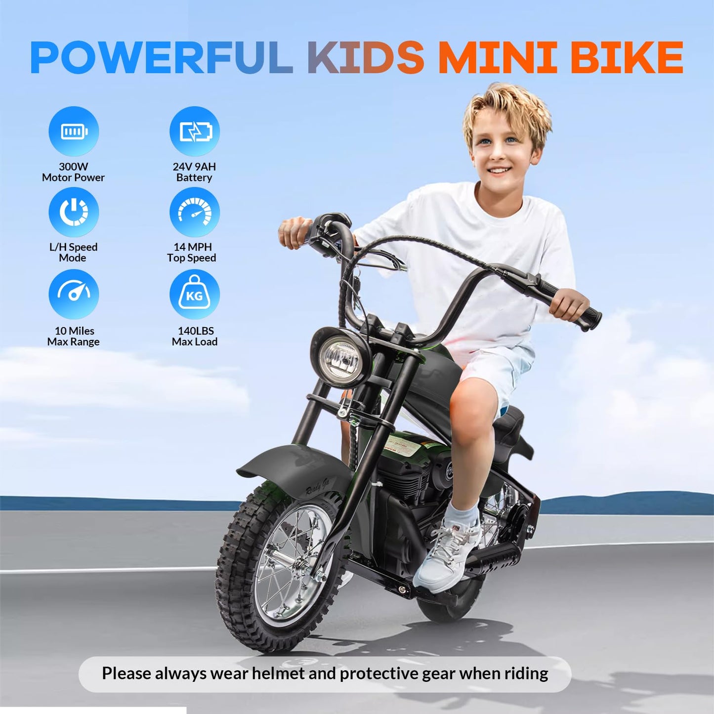 Electric Motorcycle for Kids, 24V 250W Kids Electric Dirt Bike, Two Speed Max Up to 14MPH & 60 Minutes Continuous, with Led Lights, Leather Seat, Rear Brake, Electric Motorbike for Kids/Teens, Black