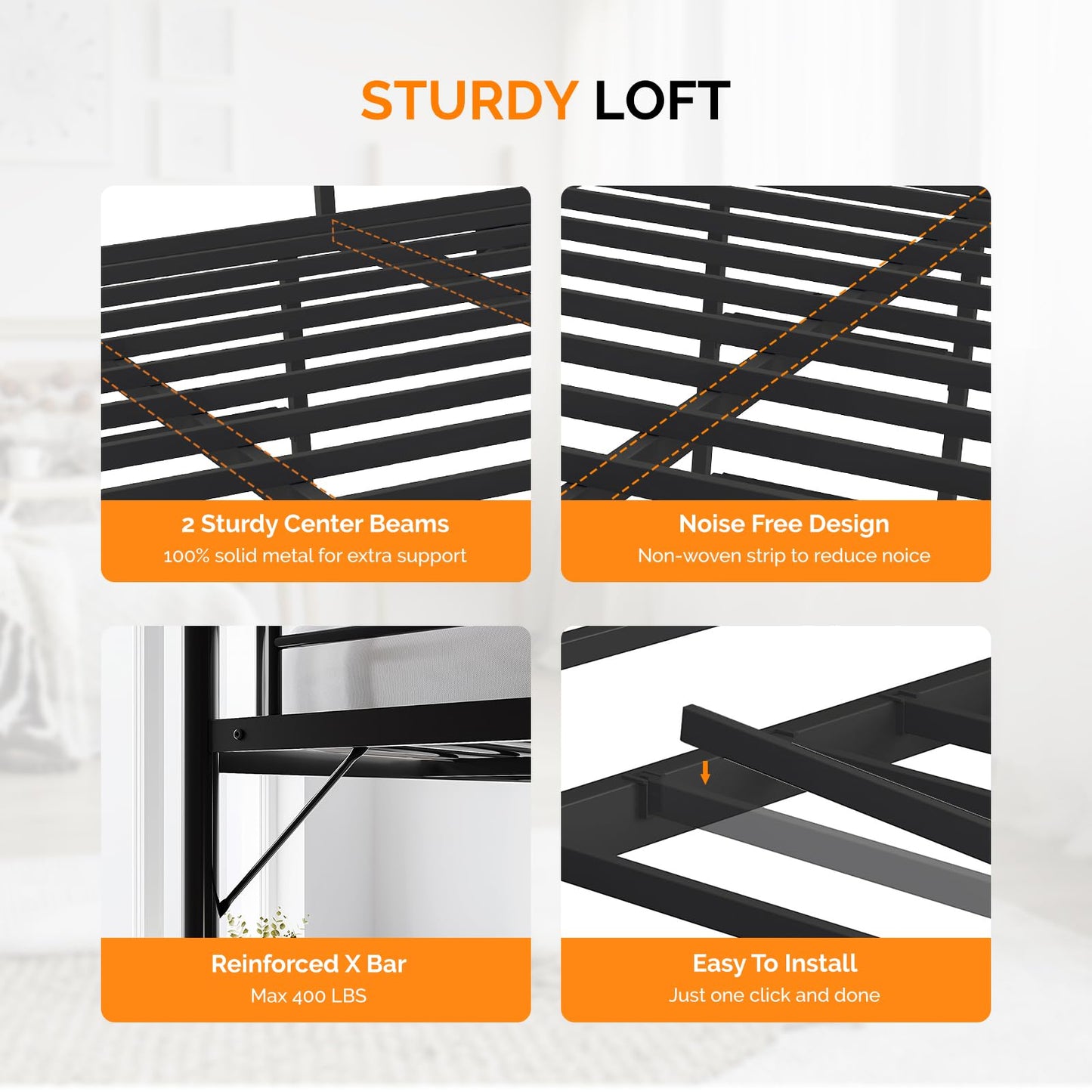 VINGLI Loft Bed Queen Size with Charging Station and LED Lights,Safety Guardrail and Stair for Teens/Adults, No Box Spring Needed, Heavy Duty Metal Support Slat, Black
