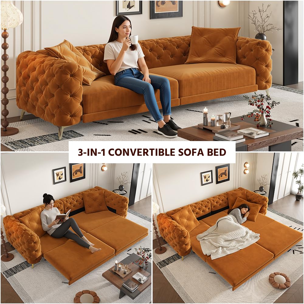 Ball & Cast 3-in-1 Convertible Sleeper Sofa with Movable Ottoman,97.7" Velvet Pull Out Sofa Bed, Modern Button Tufted 4-Seater Sofa Couch with Deep Seat for Living Room, Apartment,Office,Orange