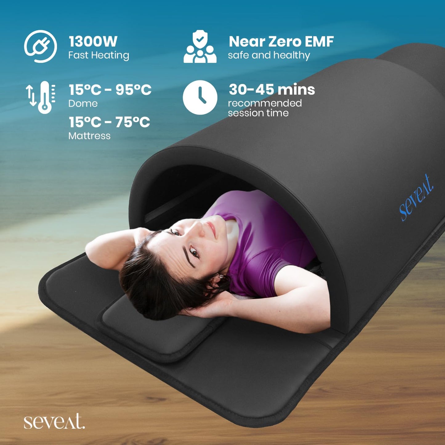 Seveat Portable Infrared Sauna Dome | 1300W Power | Near-Zero EMF | Full-Body Dry Sauna with Therapeutic Jade Stones | Home Wellness & Relaxation (Black)