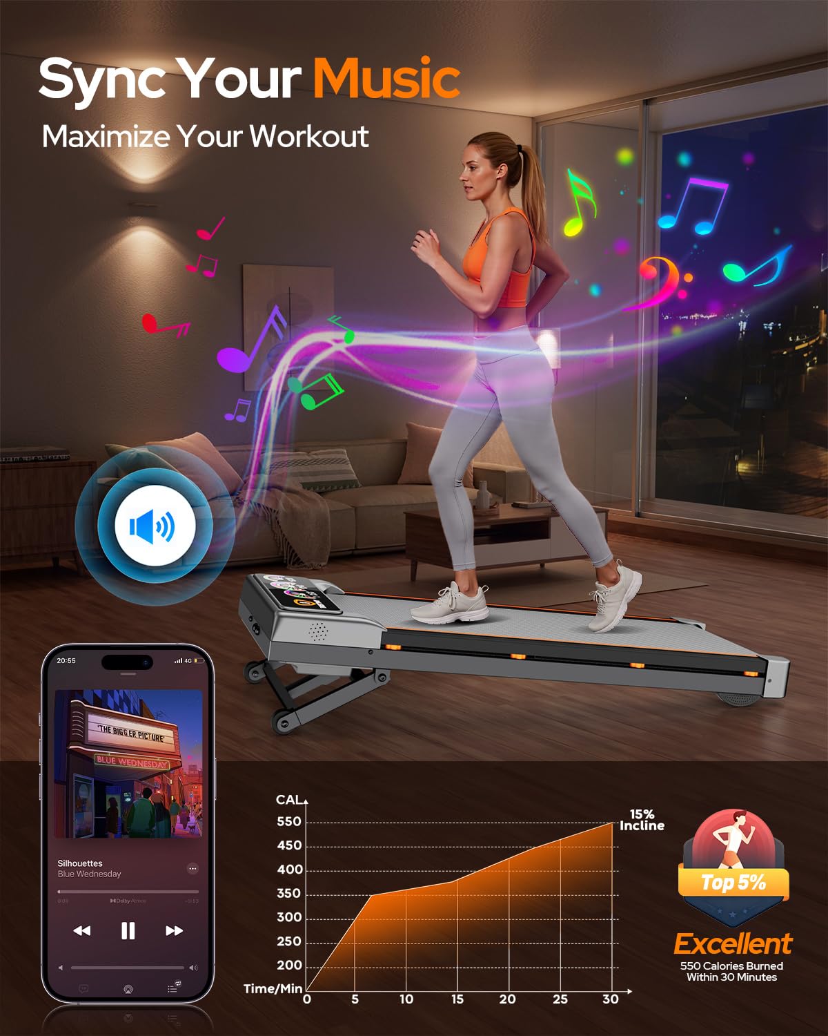 Walking Pad Treadmill with 15% 12-Level Auto Incline & UI Screen, Trisomy 3.5HP Foldable Under Desk Treadmill with Bluetooth Speaker, Portable Treadmills for Home Office 450LBS, Remote, RGB Light