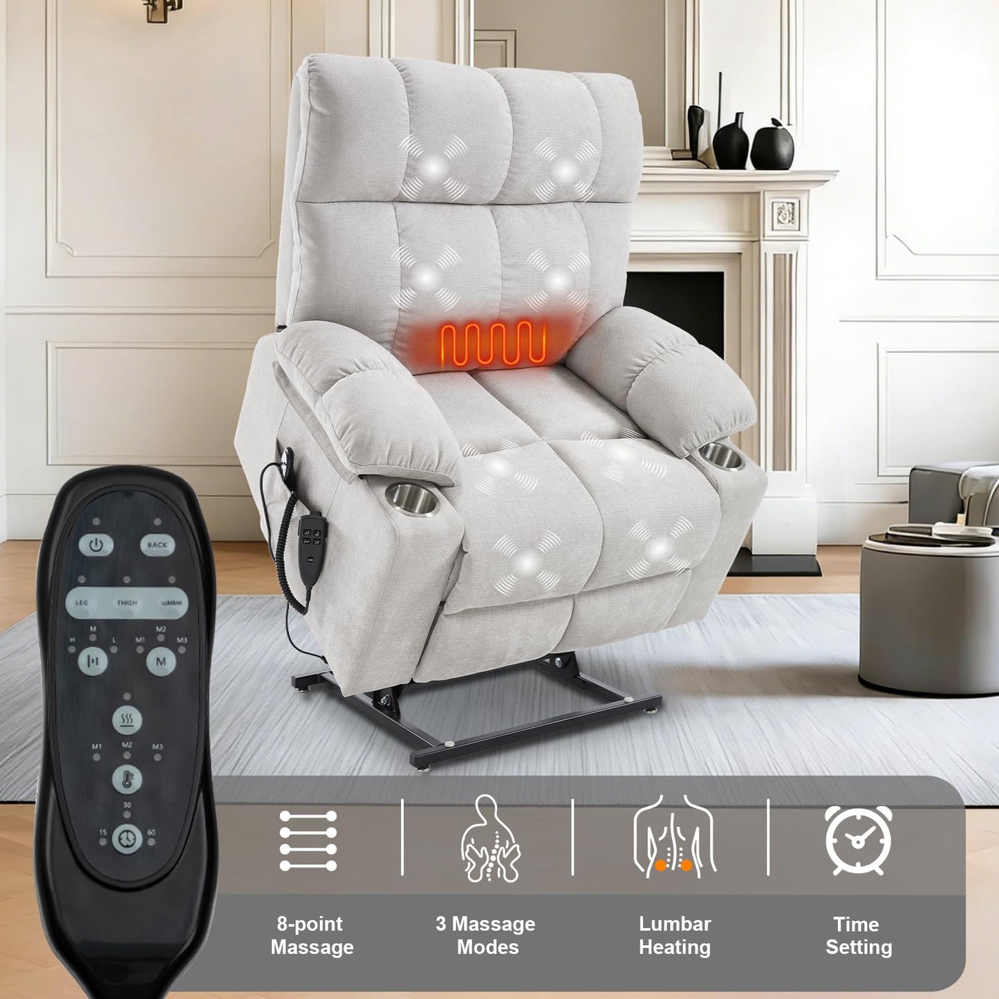 RHHVVR Oversized Recliner Electric Lift Chair, Power Lift Recliner for Big and Tall, 180° Lay-Flat and Assisted Standing, Extra Large Sofa with 8-Point Massage & Heating, Medium-Soft, White