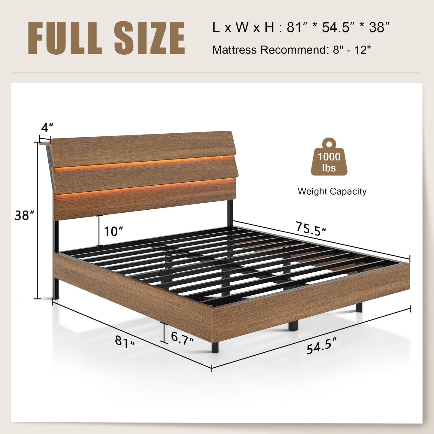 Einhomn Floating Bed Frame Full with Led Lights and Charging Station, Full Size Platform Bed Frame w/Storage Headboard, Heavy Slats Support, No Box Spring Needed, Noise Free, Easy Assembly, Walnut
