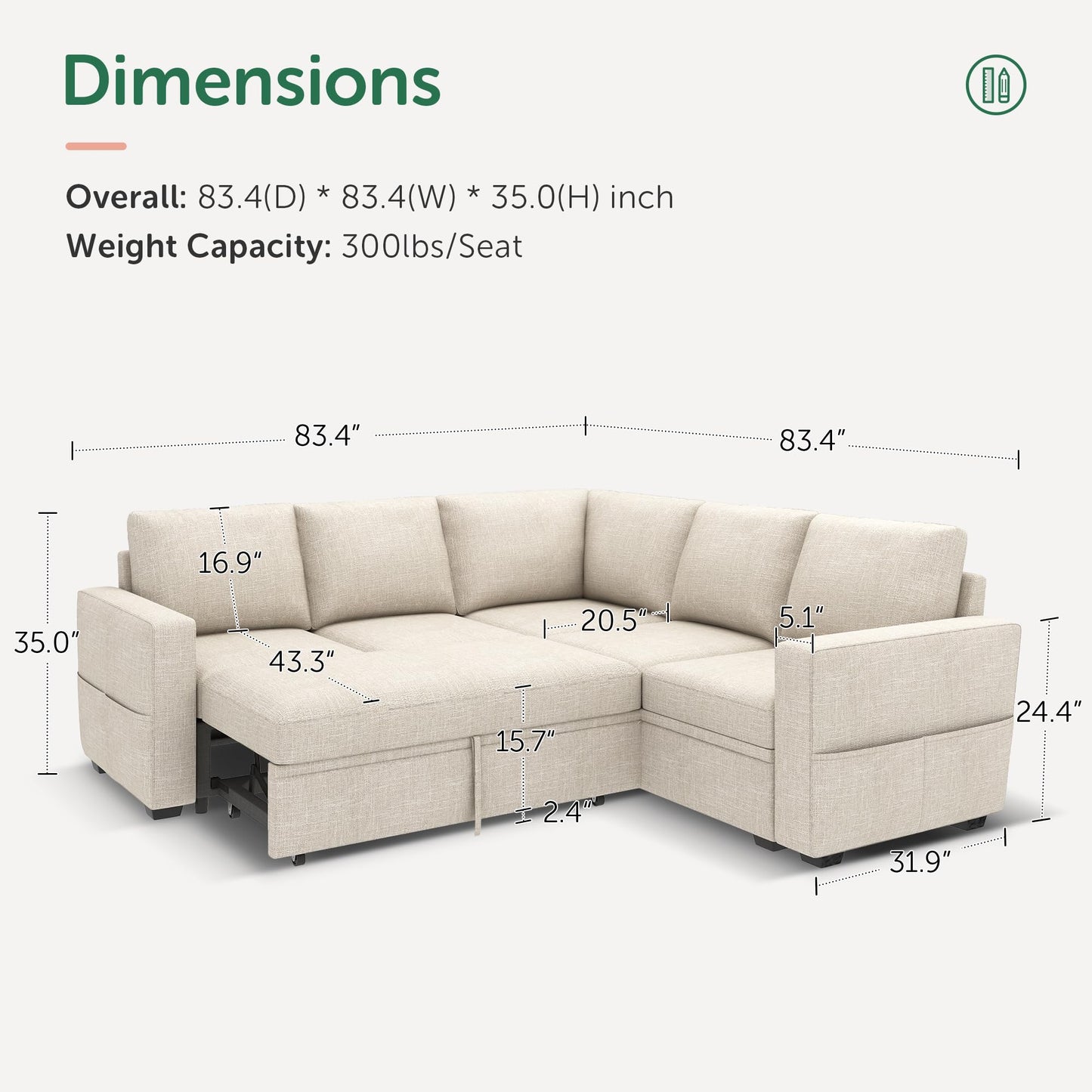 HONBAY Modular Sectional Sleeper Sofa with Pull Out Bed, L Shaped Couch with Storage Seat, Convertible Sectional Couches for Living Room, Beige