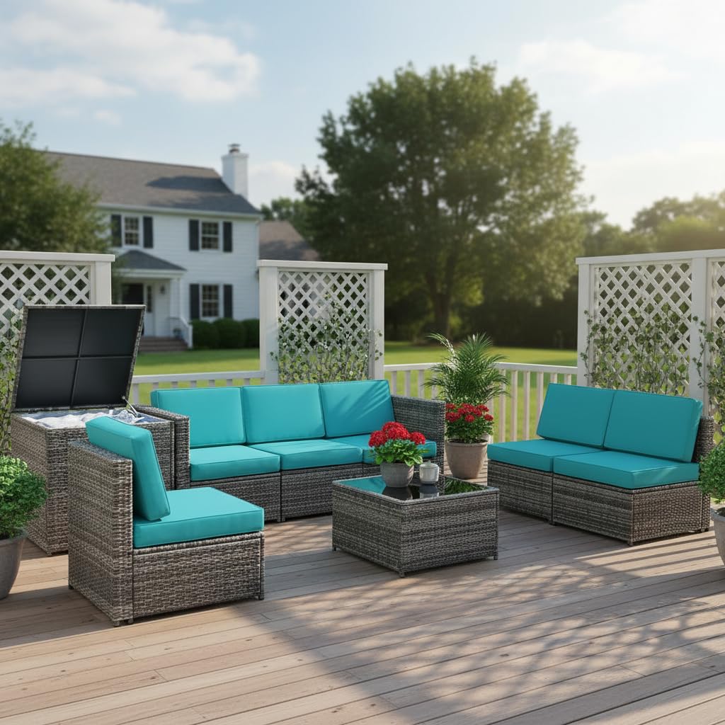 Tangkula 8 Pieces Wicker Patio Furniture Set with Storage Deck Box, PE Rattan Outdoor Sectional Conversation Set with Coffee Table & Cushions, Outside Furniture for Garden Yard Poolside (Turquoise)