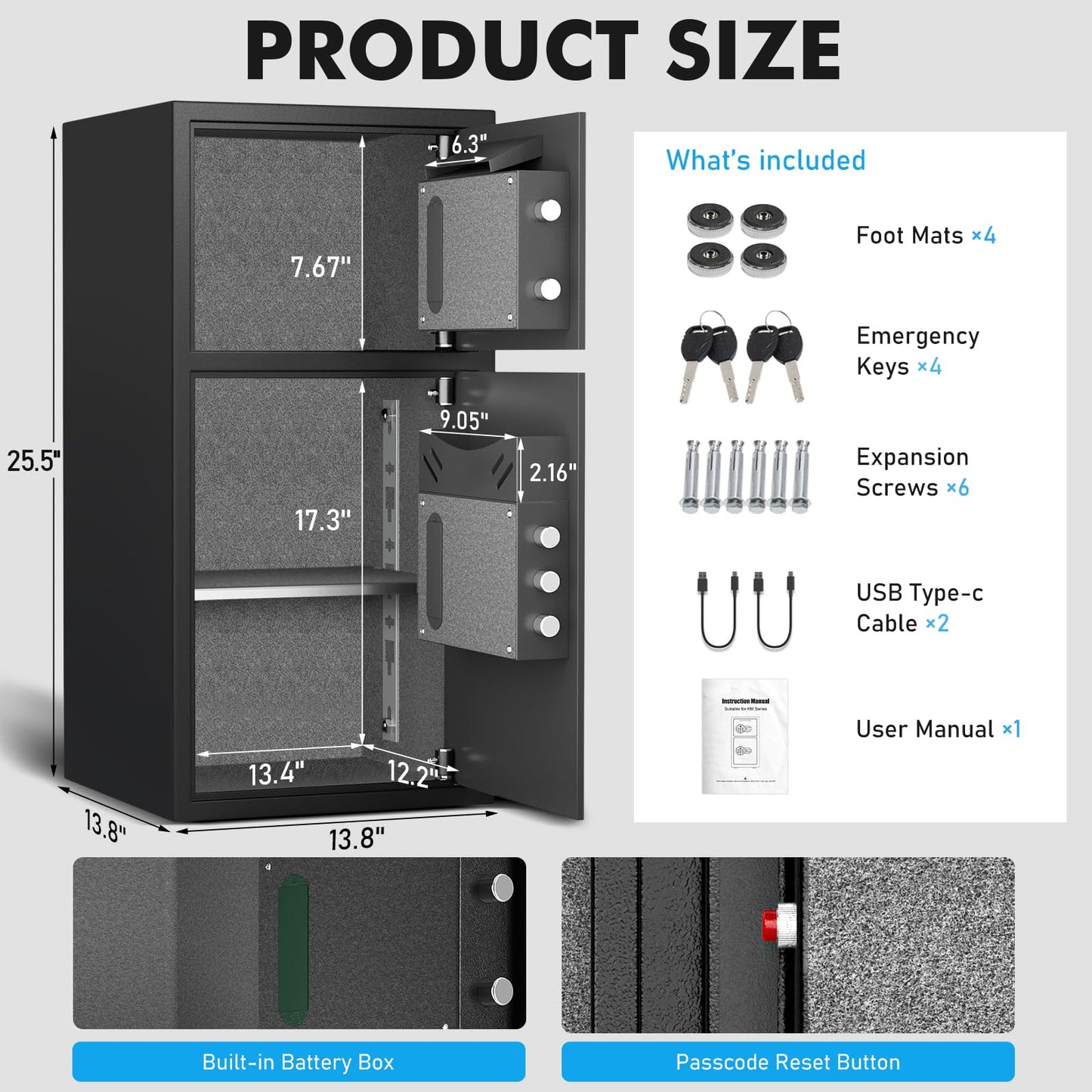 Large Double Door Safe Box Fireproof Waterproof, 6.0 Cu ft Security Safe with LED Light and Dual Alarm System, Home Safes Digital Keypad and Mute Function, Security Lock Box for Money and Valuables