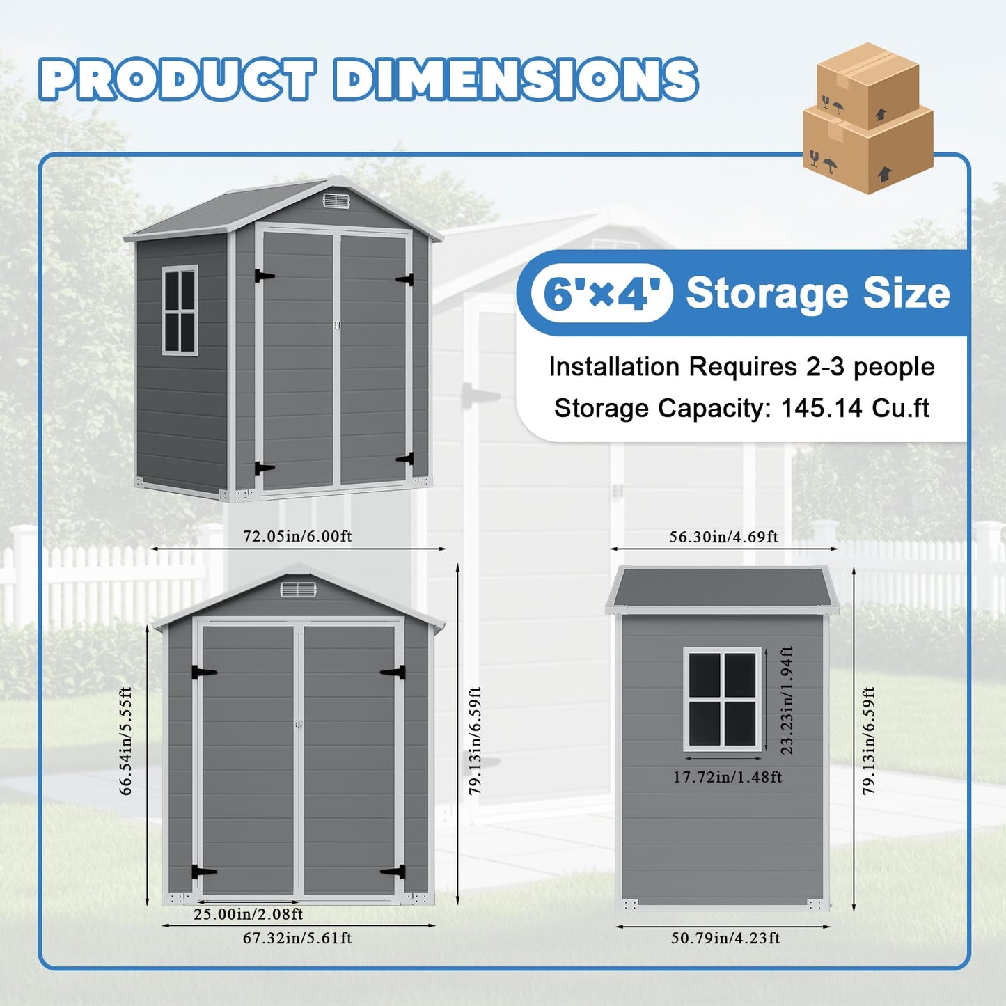 LARBANKE 6x4 FT Outdoor Resin Storage Shed with Floor & Window, All-Weather Waterproof Plastic Garden Tool Shed, Plastic Shed with Lockable Double Doors & Ramp for Mower, Bike,Backyard Storage, Gray
