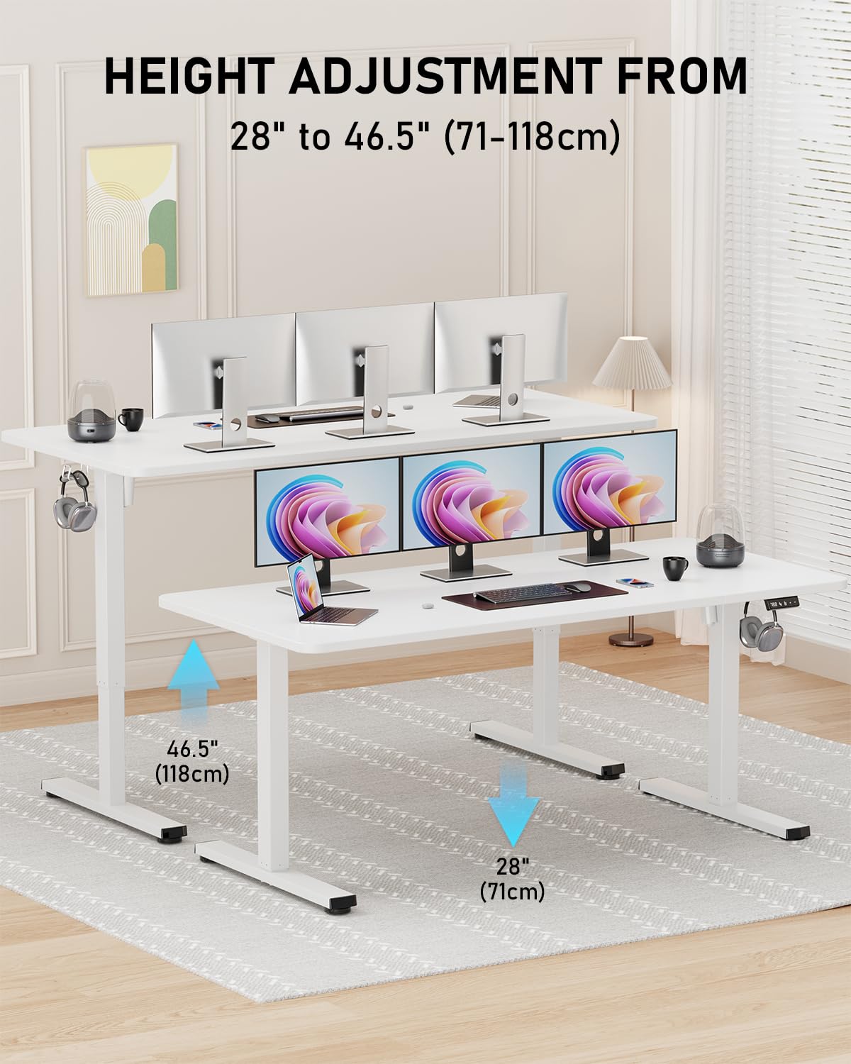 Xyndyx 63" Electric Standing Desk Adjustable Height, Sit Stand up Desk for Home Office & Computer Workstation, 2 Memory Height Settings, Splice Board, 2 Hooks, White Frame/White Top