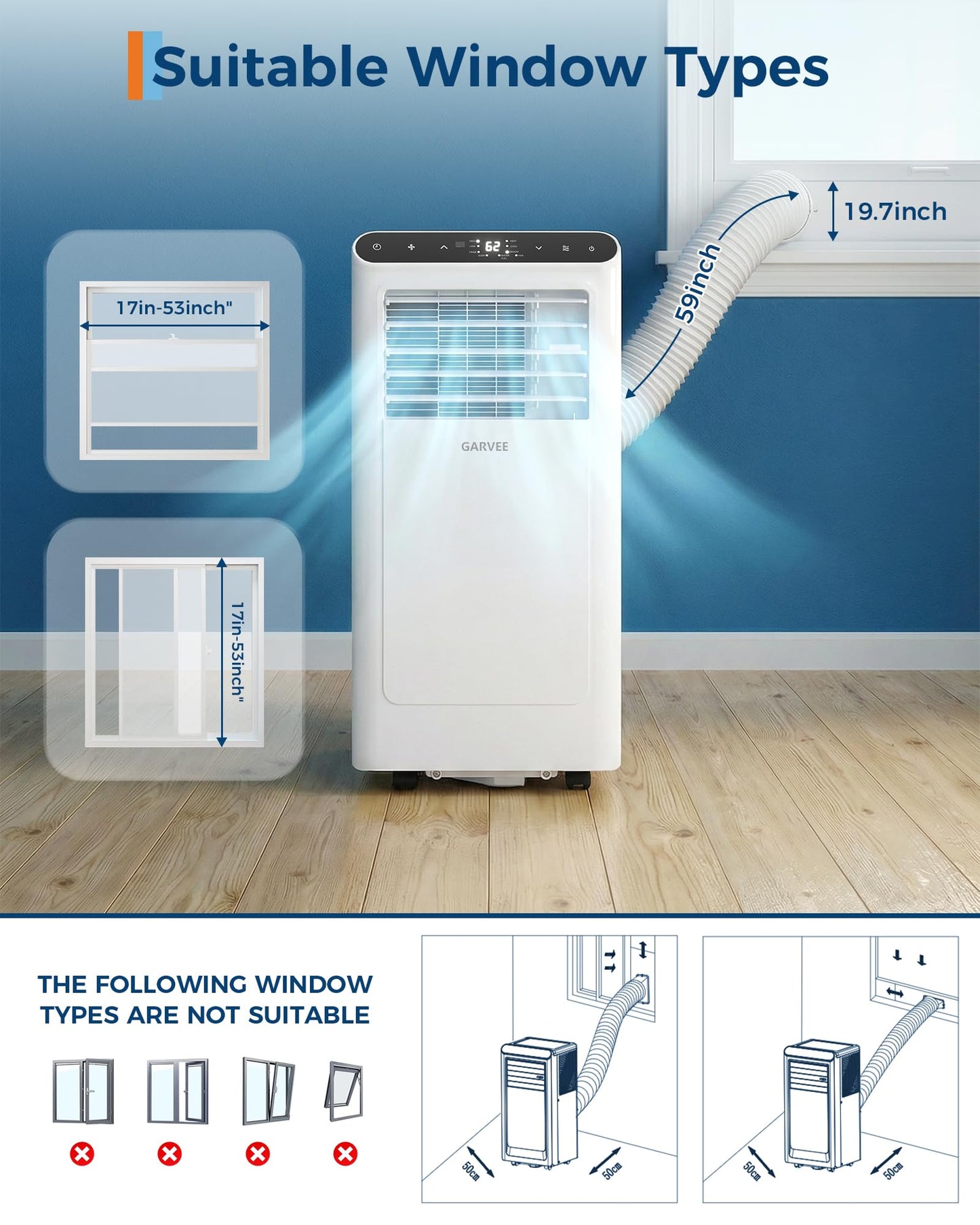 Garvee 8000 BTU Portable Air Conditioner,Up to 350 Sq.Ft. Remote Control 48dB Portable AC Unit, Dehumidifier, Fan, Sleep, 24H Timer&Installation Kit, DOE Certified, Ceer 6.2,White+White Panel