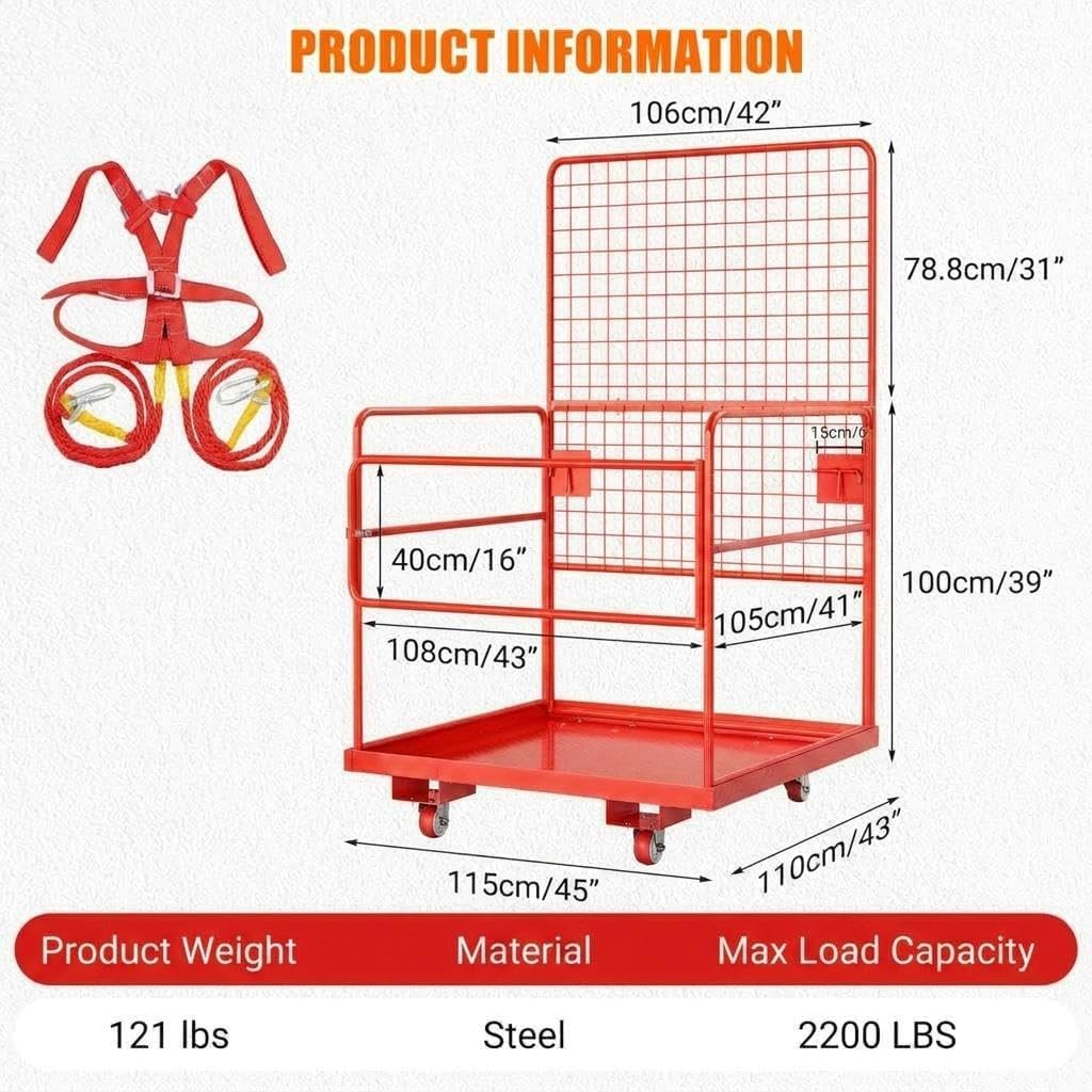 2200LBS Capacity 43"x45" Forklift Safety Cage with Swivel Wheels - Heavy Duty Forklift Man Basket with Safety Harness - Collapsible Lift Basket
