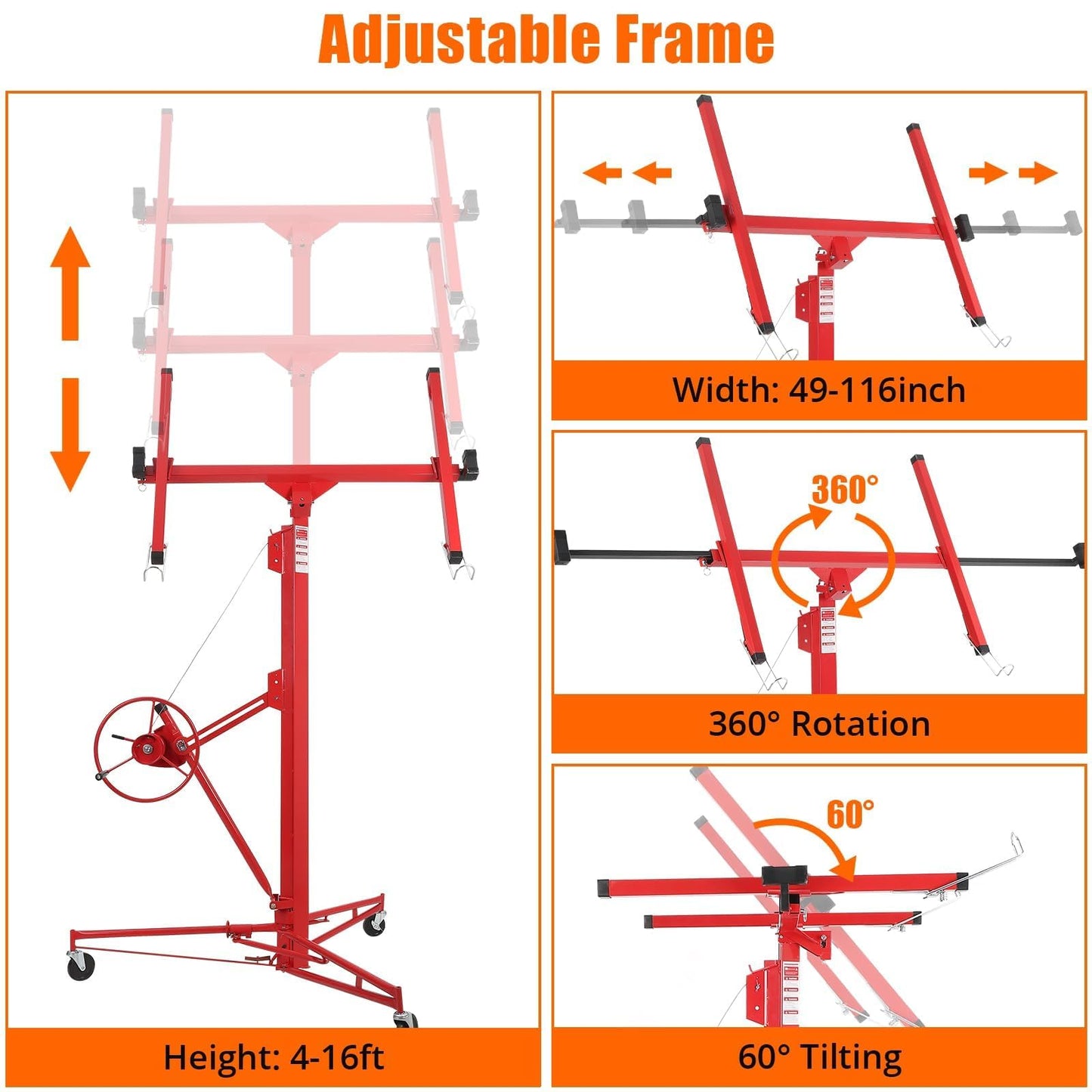 16 FT Drywall Lift, 150 LBS Heavy Duty Drywall Hoist, Foldable Telescoping Panel Lift with 360° Swivel & Locking Wheels for Ceiling & Wall Installation