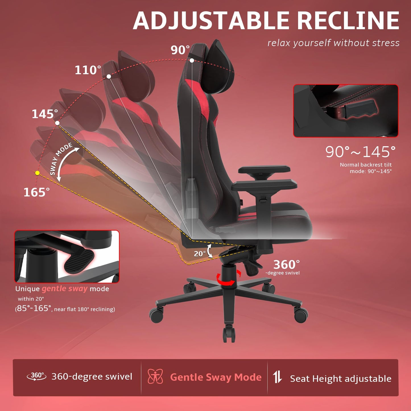 Wyrdforging Ergonomic Gaming Chair, Computer Desk Chairs, 4D Armrests, High Back Office Chair with Headrest & Lumbar Pillow, Tilt Rocker Recliner, Heavy-Duty Base, Black PU Leather & Red Suede Combo