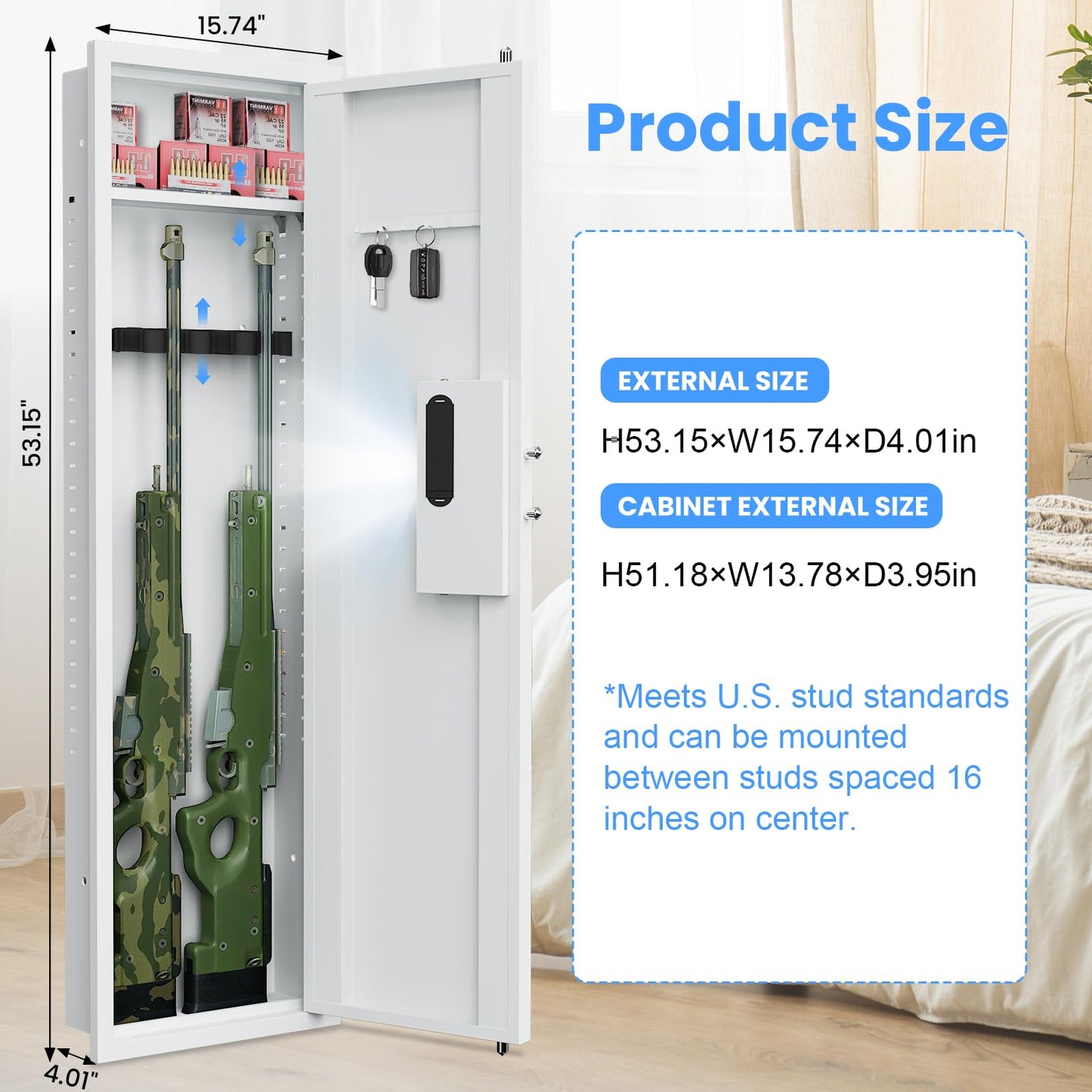 Silkight 53.15" Wall Gun Safe, Digital Wall Safe Between the Studs with Backlit Keypad, Dual Alarm ＆ Mute Mode, Hidden Wall Gun Cabinet for Rifles and Pistols with Adjustable Shelves, Magnetic Support