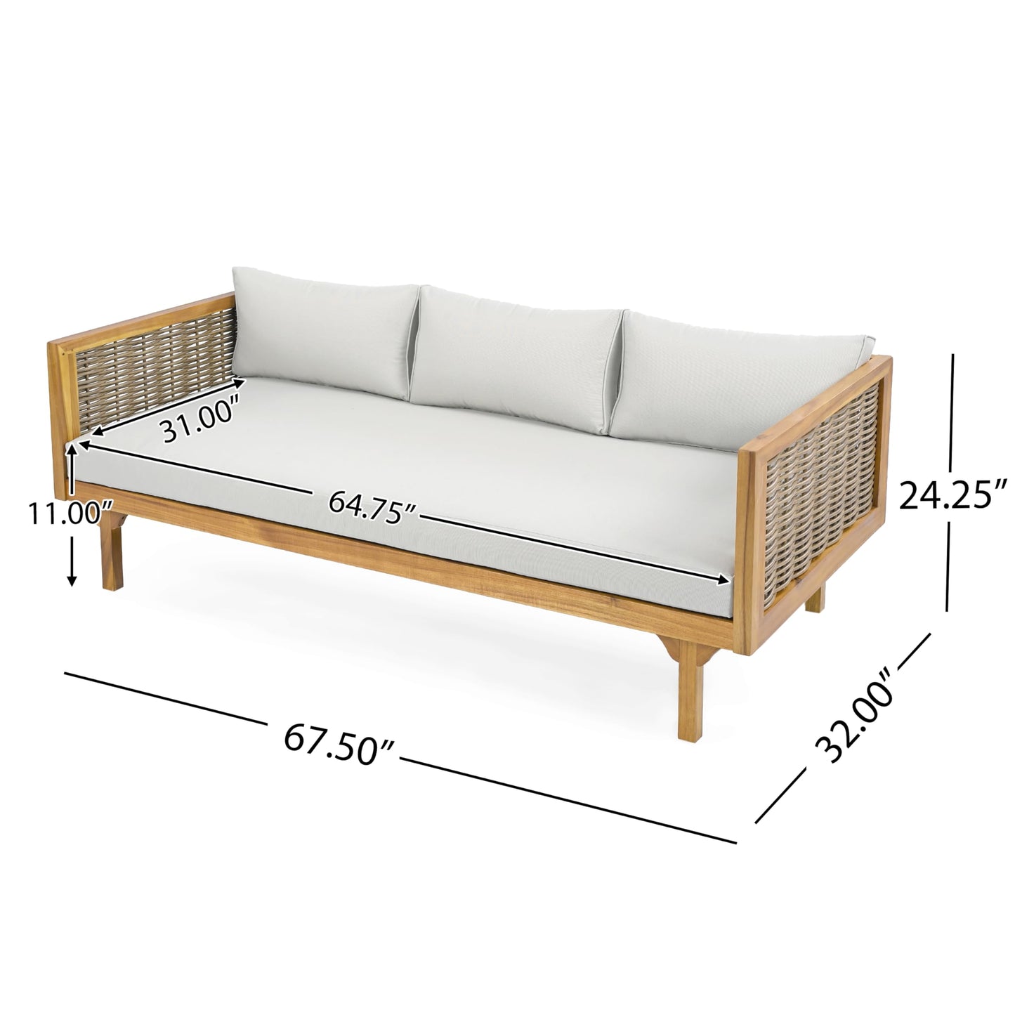 Christopher Knight Home Claremont Patio Sofa and Coffee Table Set, 2 Piece Wicker Patio Furniture Set, Acacia Wood 3 Seater Outdoor Sofa Daybed and Coffee Table Set, Teak+Light Grey