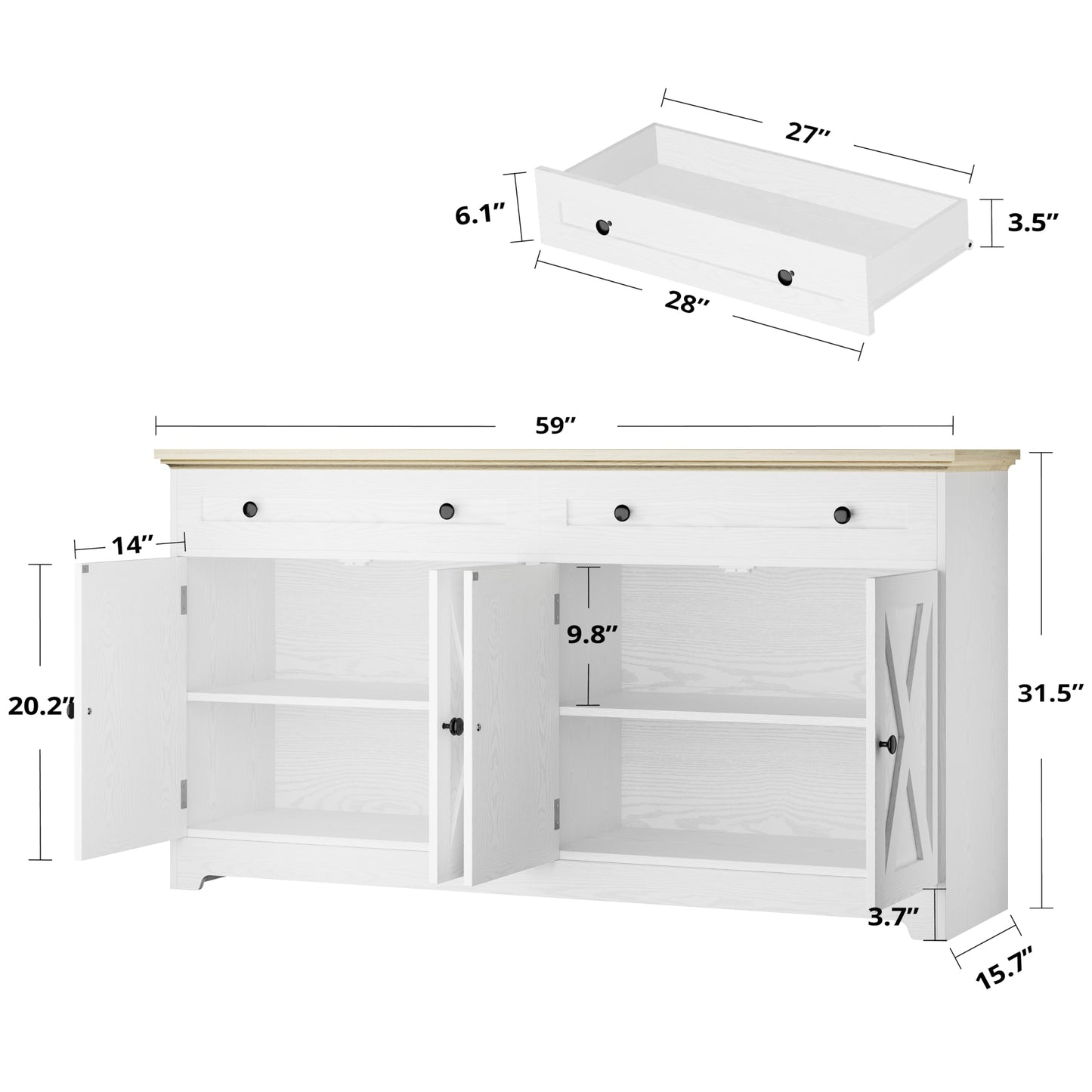 IRONCK Buffet Cabinet with Storage, Sideboard Storage Cabinet with Drawers, Coffee Bar Cabinet, Kitchen Cabinet with Doors, Natural Wood