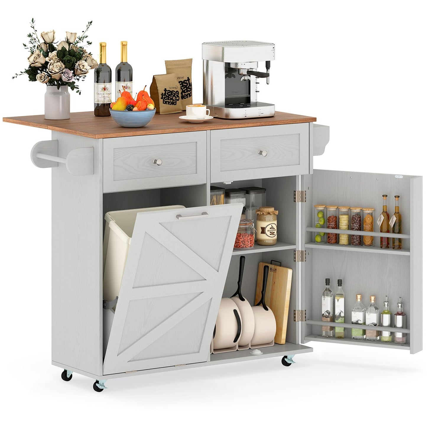 Giantex Kitchen Island Cart with Hidden Tilt Out Trash Can Cabinet, Drop Leaf, 2 Drawers, Towel Rack, Rolling Mobile Breakfast Bar Table, Wood Kitchen Storage Cart on Wheels (Grey & Natural)
