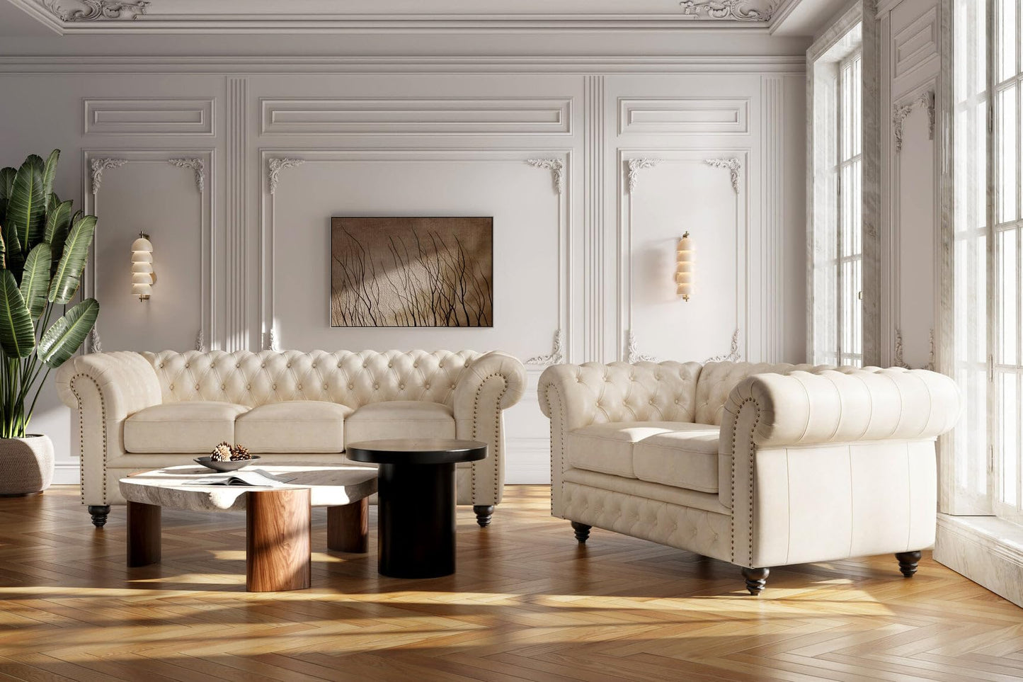 Valencia Parma Chesterfield Loveseat 64" | Premium Full-Aniline Leather | Mid-Century Accent Chair with Classic Button Tufted Back and Wood Legs for Living Room, Antique White