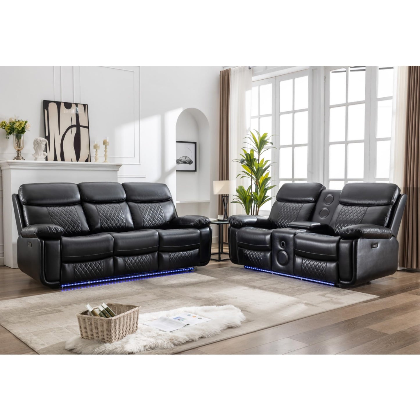 KEIKI 2-Piece Power Reclining Sofa Set with 1 Oversized Technical Leather 3-Seater Sofa & 1 Loveseat Sofa, Electric Control 5-Seater Couch Set with Cup Holder, Storage Armrest, for Living Room, Black