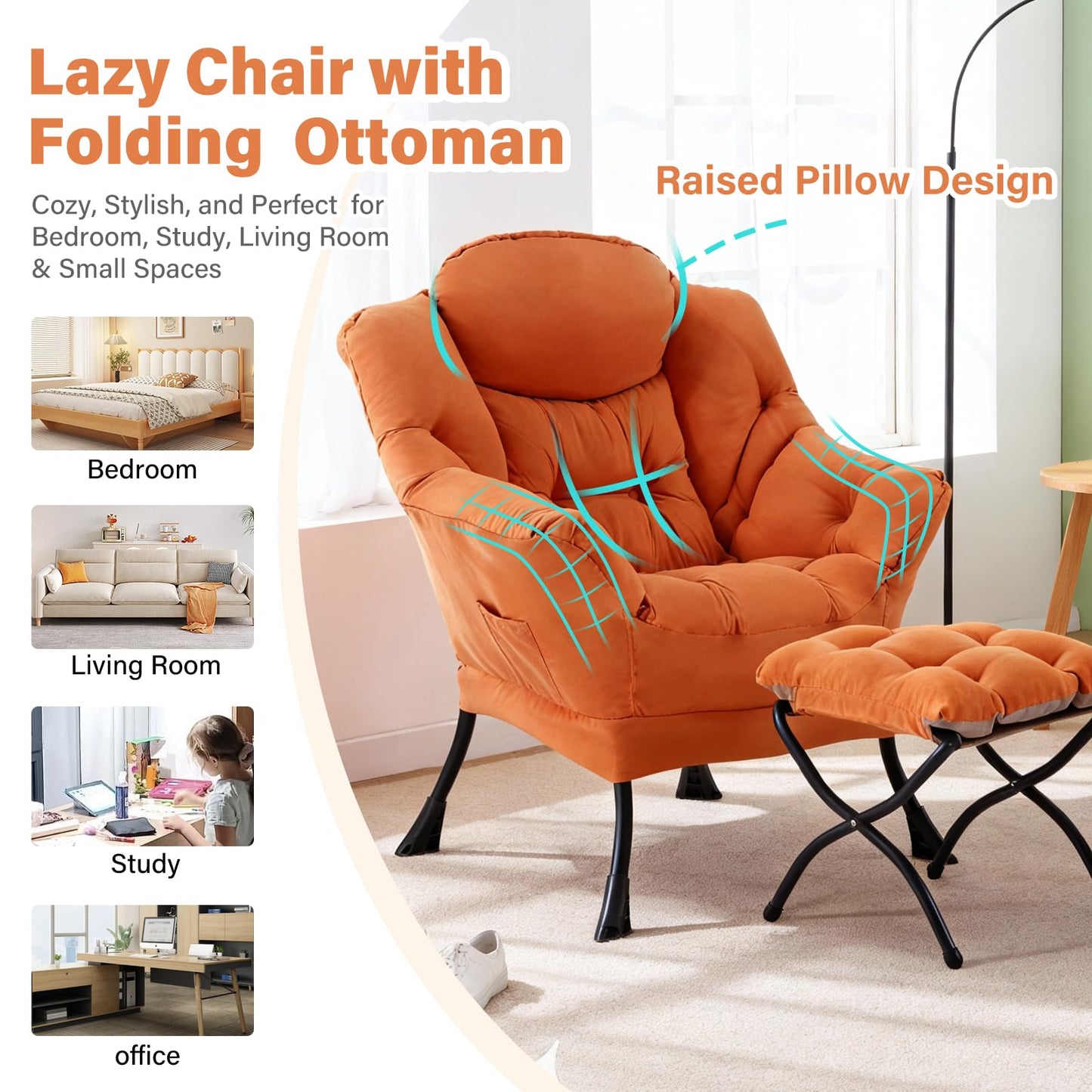 Furlide Lazy Chair with Ottoman, Modern Accent Chair with Armrests and a Side Pocket, Orange Accent Chairs, Reading Chairs, Oversized Armchairs for Bedroom, Study, Living Room, Courtyard