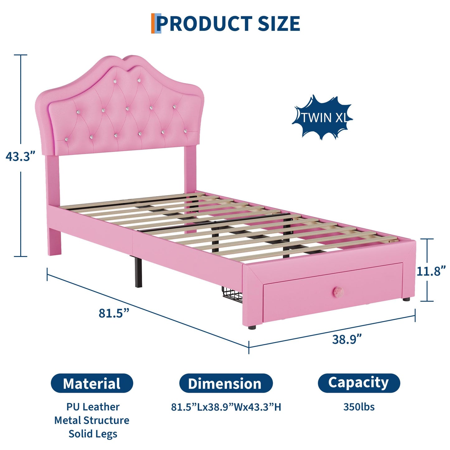 Garvee Twin XL Size Bed Frame with LED Lights & Velvet Crystal Button Headboard, Upholstered Boy Platform Bed with Storage Drawer, Noise Free, No Box Spring Needed for Kids, Teens, Pink