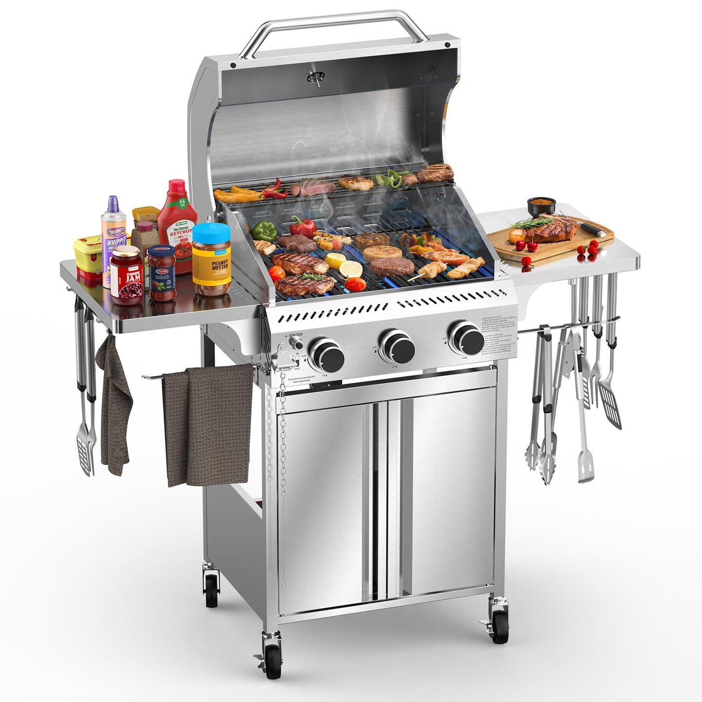Electactic G31 Gas Grill, 3-Burner Gas Grill with Folding Side Tables,Stainless Steel 24,000 BTU BBQ Grill,Outdoor Propane Grill for Barbecue,Patio,Camping