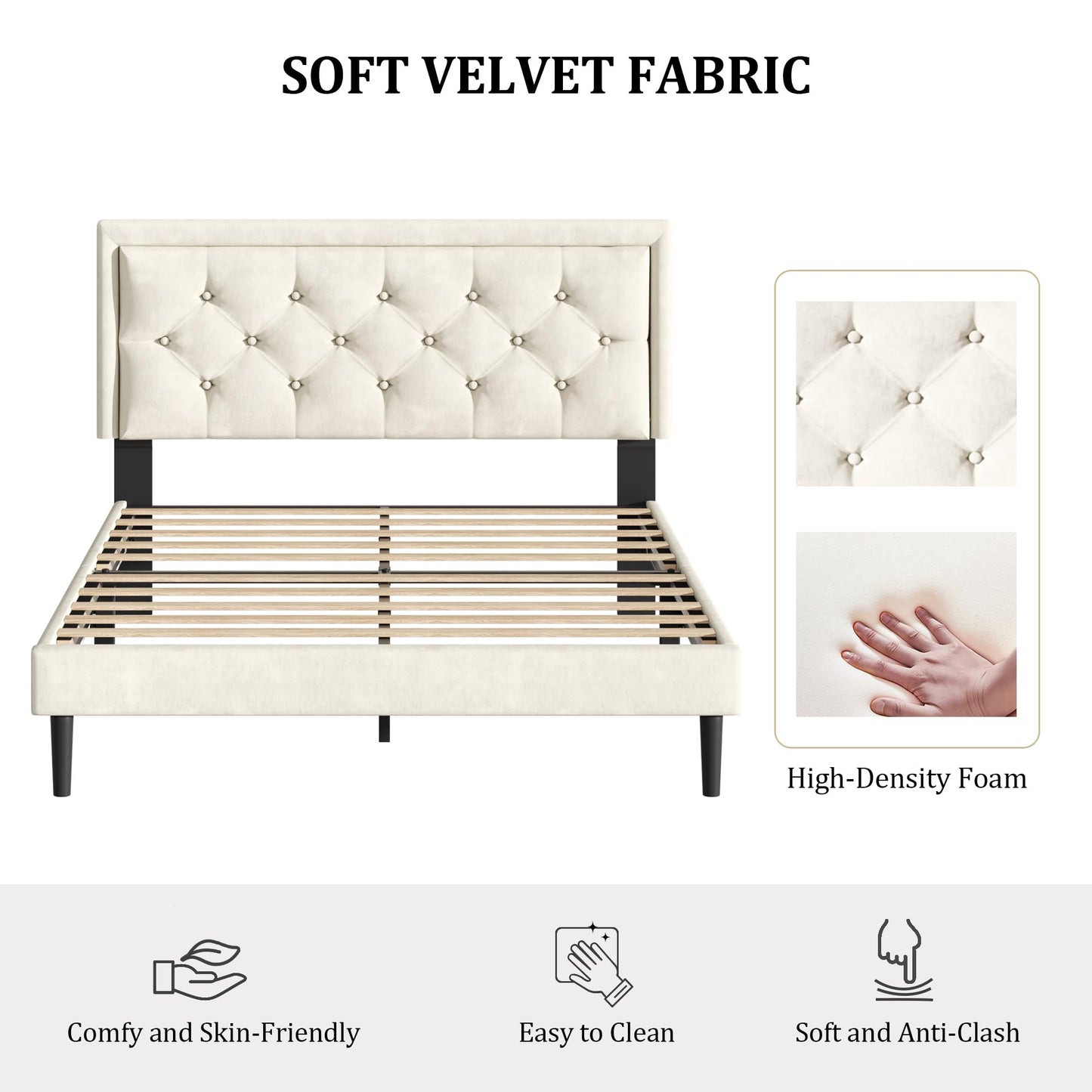 CXVX Queen Size Platform Bed Frame with Upholstered Velvet Button Tufted Headboard, Mattress Foundation with Wooden Slat Support, No Box Spring Needed, Easy Assembly, Noise Free, Beige