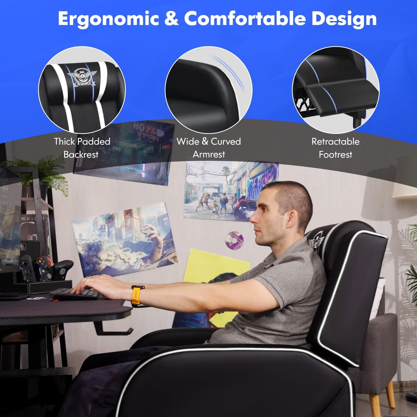 GYMAX Gaming Recliner, Massage Gaming Chair with Adjustable Backrest Footrest, Remote Control & Side Pocket, Ergonomic Game Lounge Chair, Racing Style Single Theater Seat Game Sofa for Adults (White)