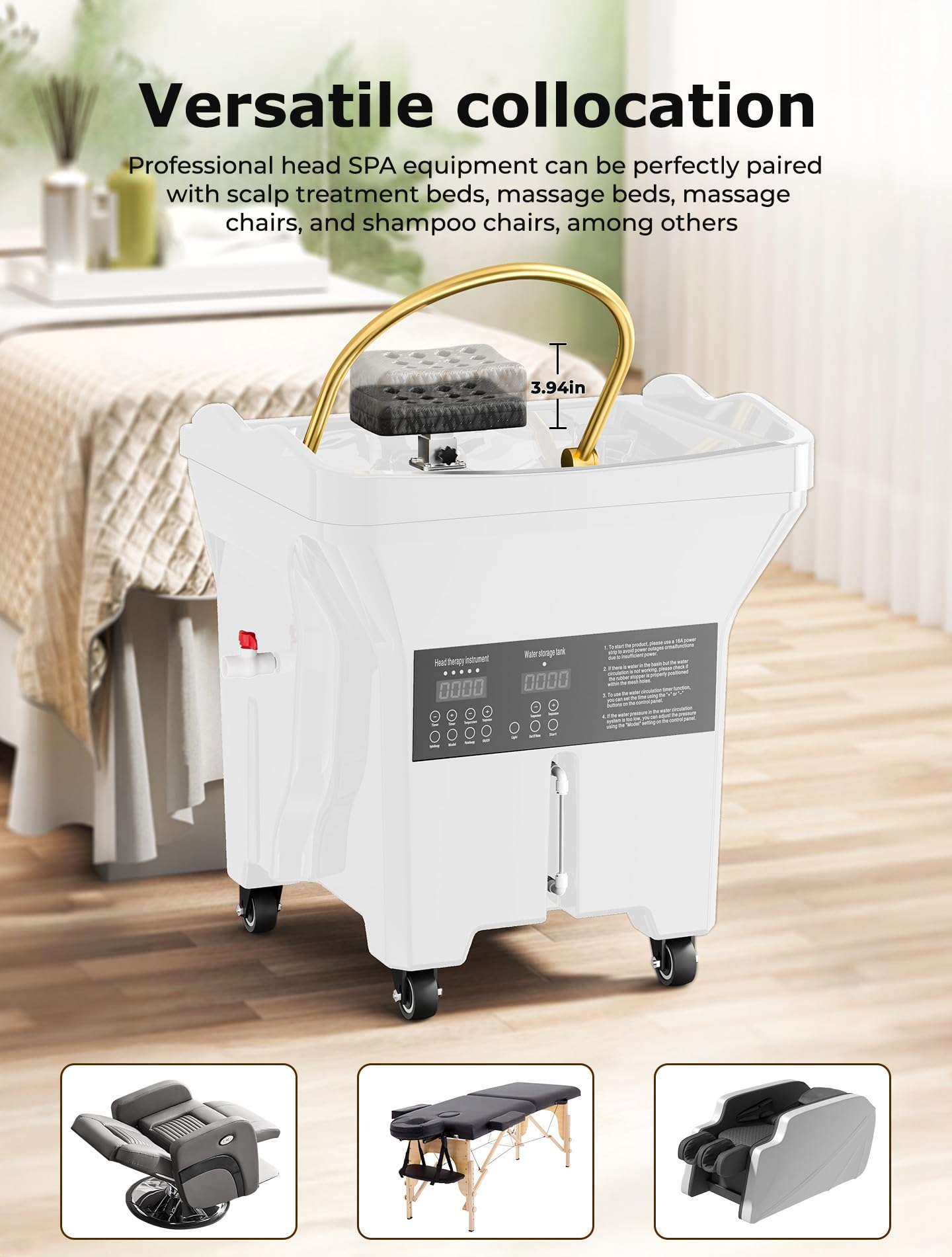 Portable Shampoo Spa Equipment: Large Tank Water Recirculation System, Hydro/Light Therapy, No Plumbing - Home & Salon Use