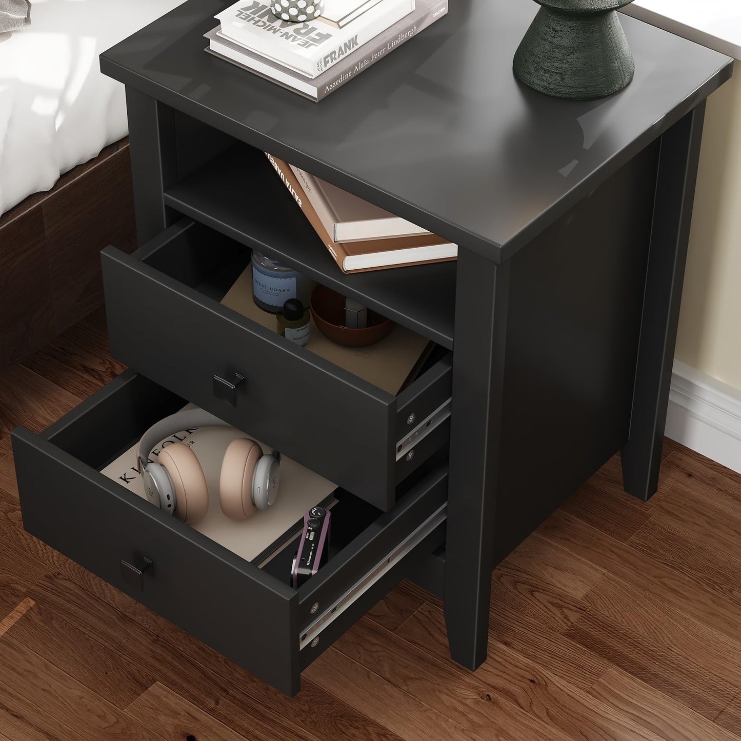 JSB Farmhouse Nightstand Set of 2, Night Stand with 2 Drawers,Open Shelf, End Table/Bed Side/Side Table for Bedroom, Kids Room, Living Room (Black, 18.7" W x 15" D x 23.8" H (2 Drawers))