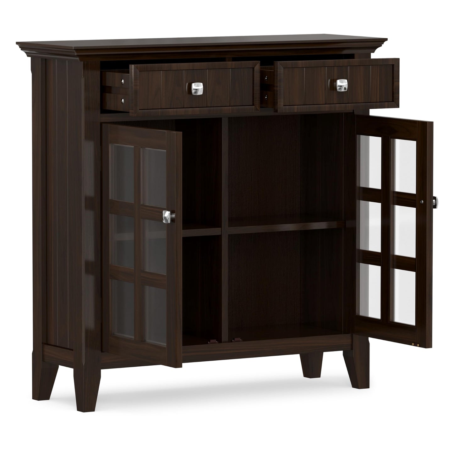SIMPLIHOME Acadian Storage Cabinet - 36 inch Wide Solid Wood Entryway Storage Cabinet in Brunette Brown, Transitional Cabinet for Hallway or Living Room with 2 Drawers and Adjustable Shelves