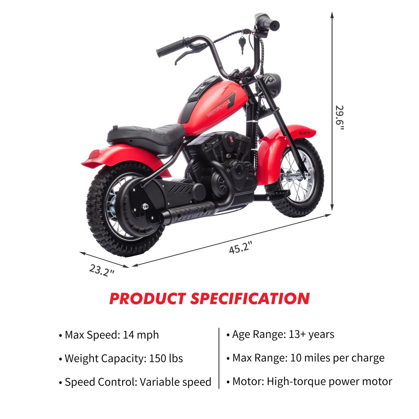 GarveeLife Electric Dirt Bike, 15 Mph & 150lb Max, 24V Ride On Toy for Big Kids w/Led Lights & Power Display, 300W Chain-Driven Motor, Two Speed, Handbrake, Leather Seat, 12" Air-Filled Tires, Red