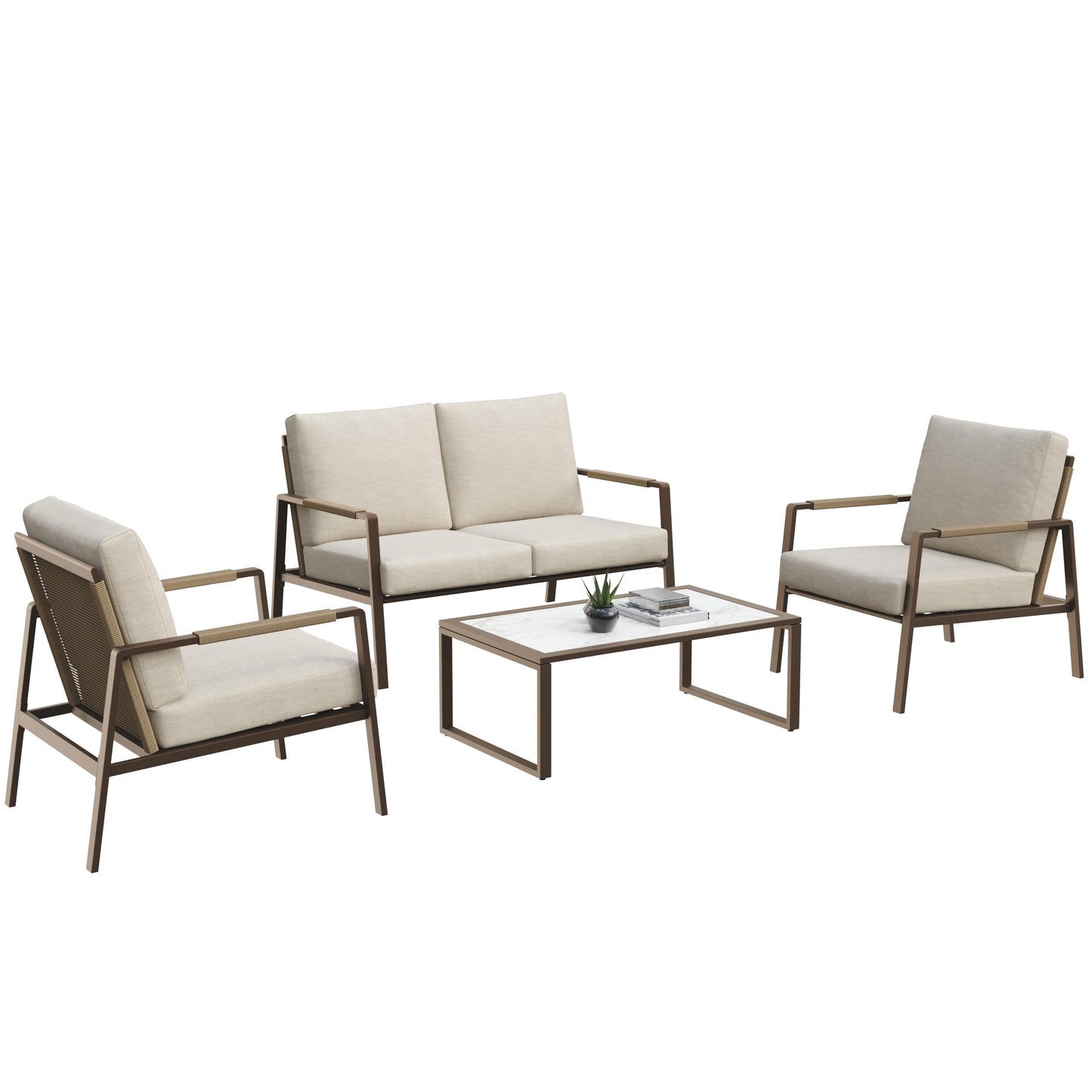 East Oak 4-Piece Patio Furniture Set with Thick Cushions, 4 Seats Waterproof Outdoor Patio Set with Rattan Armrests, Loveseat and Coffee Table for Backyard, 2024 Coast Patio Conversation Set in Beige
