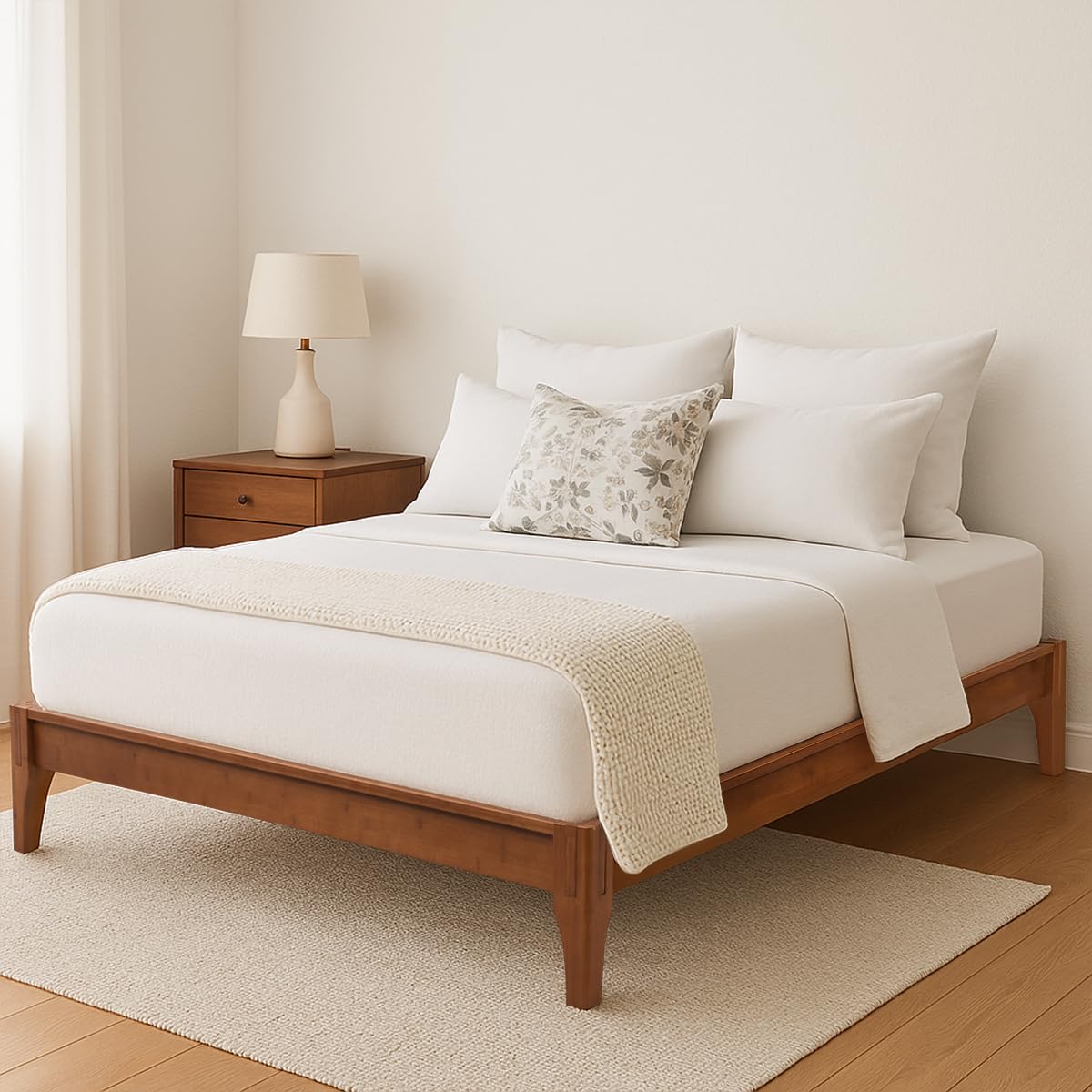 Merax King Size Bamboo Platform Bed, Mid-Century Modern Bed Frame with Wood Slat Support, No Box Spring Needed, Easy Tool-Free Assembly, Brown