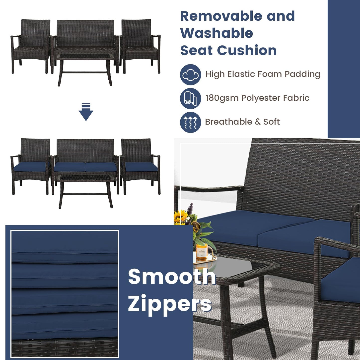 HAPPYGRILL 4-Piece Rattan Patio Conversation Set with Tempered Glass Coffee Table, Comfortable Wicker Loveseat & Chairs for Poolside, Courtyard, Balcony