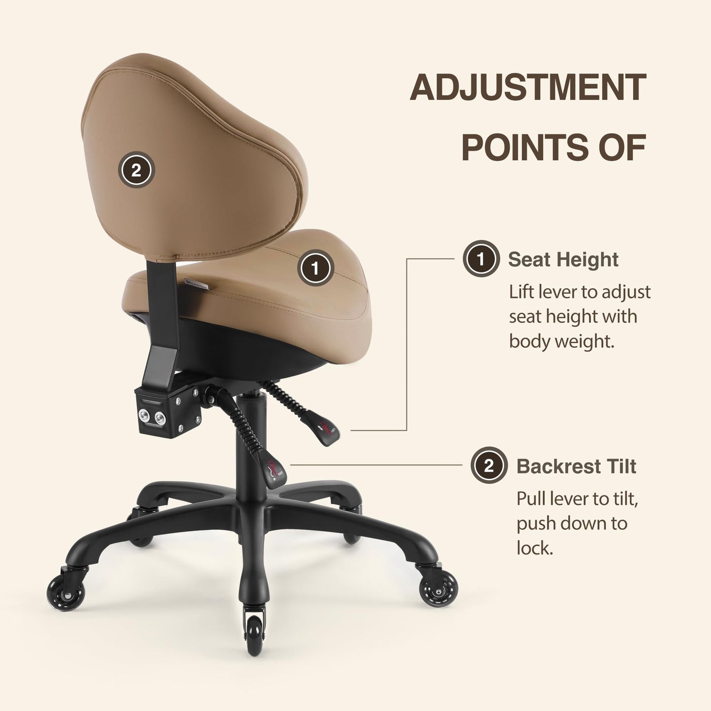 DR.LOMILOMI Pneumatic Swivel Rolling Saddle Chair with Wheels and Ergonomic Back Support for Hair Stylist, Dental Hygienist, Hygienic Clinic, Spa, Massage, Home, Office - 510 KOA