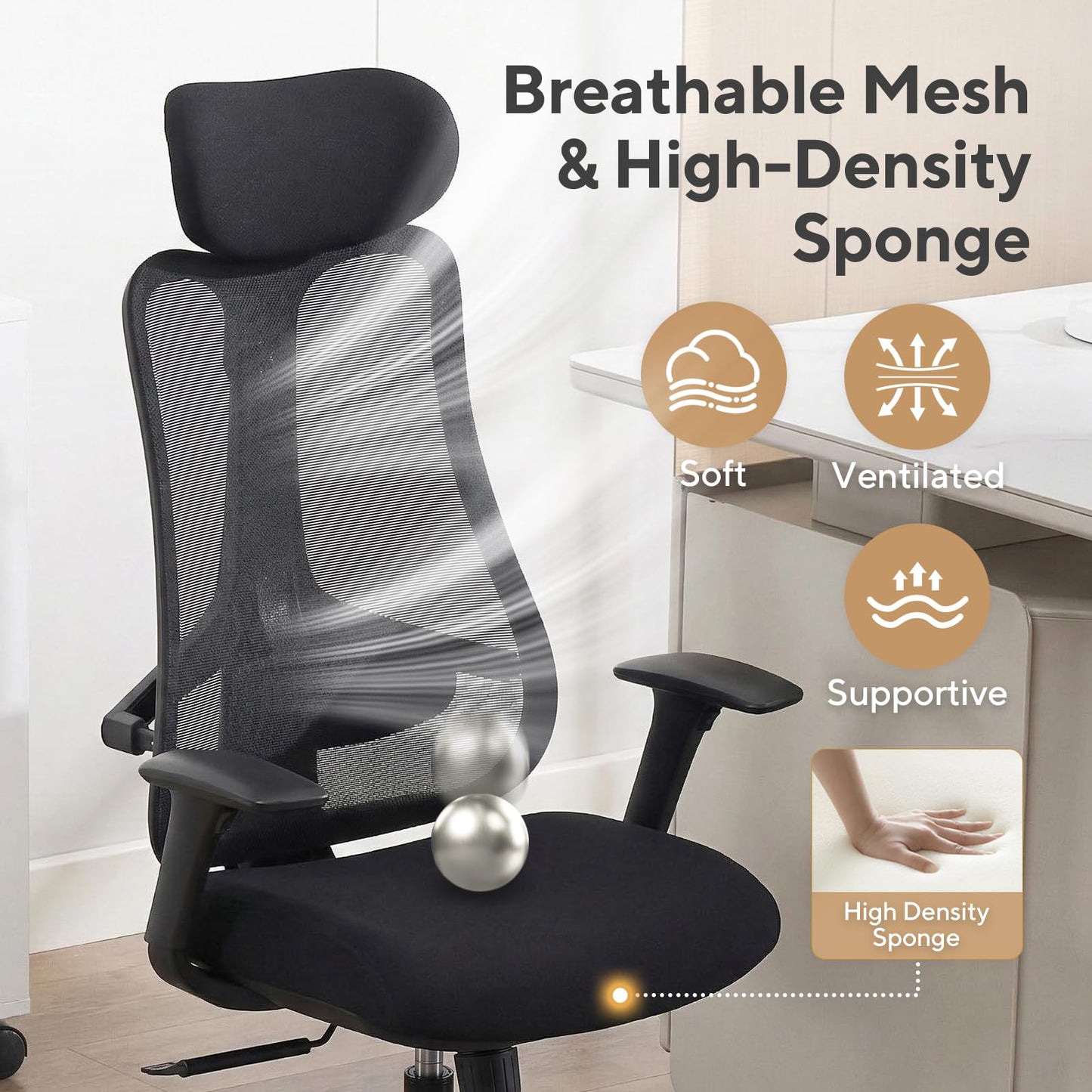 Nouhaus Fluido Ergonomic Office Chair, High Back Mesh Computer Chair w/Height Adjustable Lumbar Support, Backrest & Headrest, Dynamic Back Support, 3D Armrests, Home Office Desk Chairs Comfy (Black)