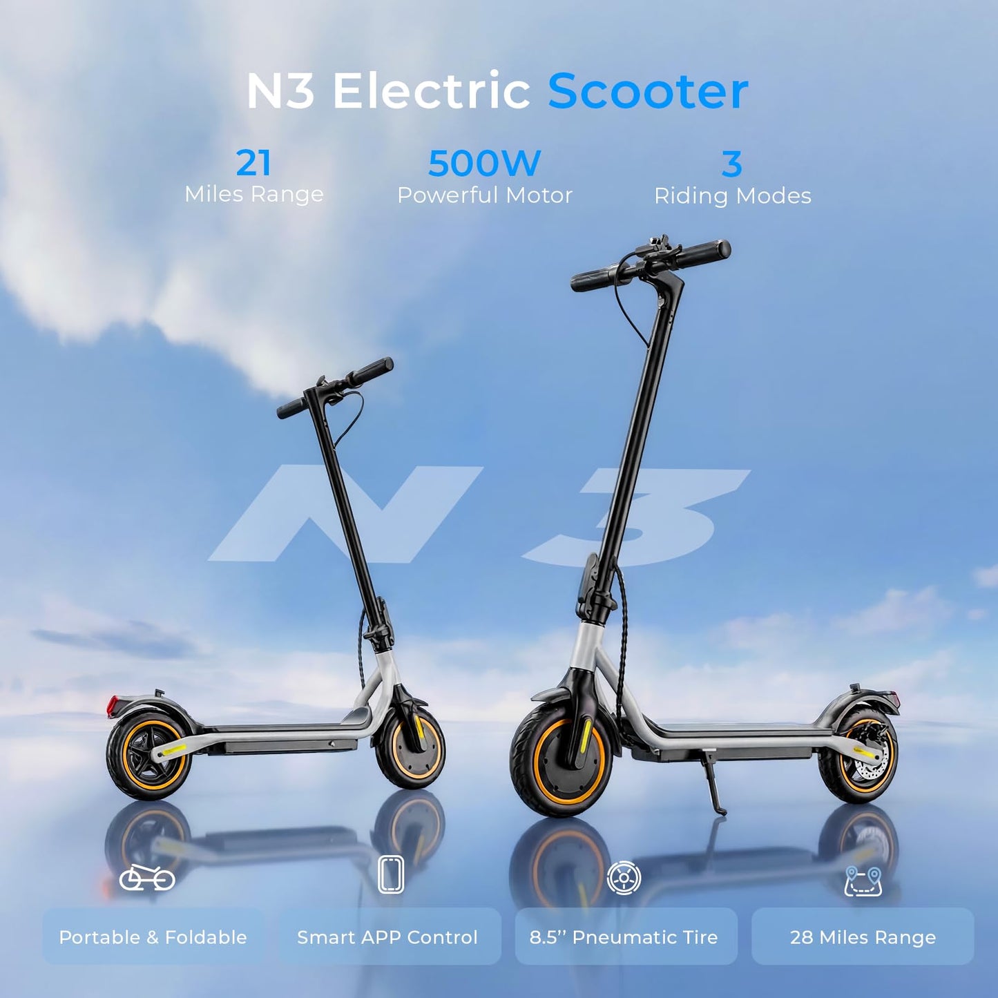WAWSCOTE Electric Scooter - Electric Scooter Adults, 500W/1500W Motor, 18/21/25 Max MPH, 21/28 Miles Max Range, APP Control, Double Braking Systems, 8.5’’ Tire, Foldable E-Scooter