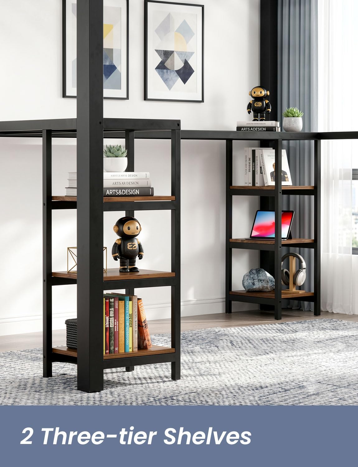Feetice Full Size Loft Bed with Desk, Metal Frame with Shelves and Clothes Rack, Anti-Tilt Design & 12" Safety Rail, Space-Saving Loft Bed for Teens, Black